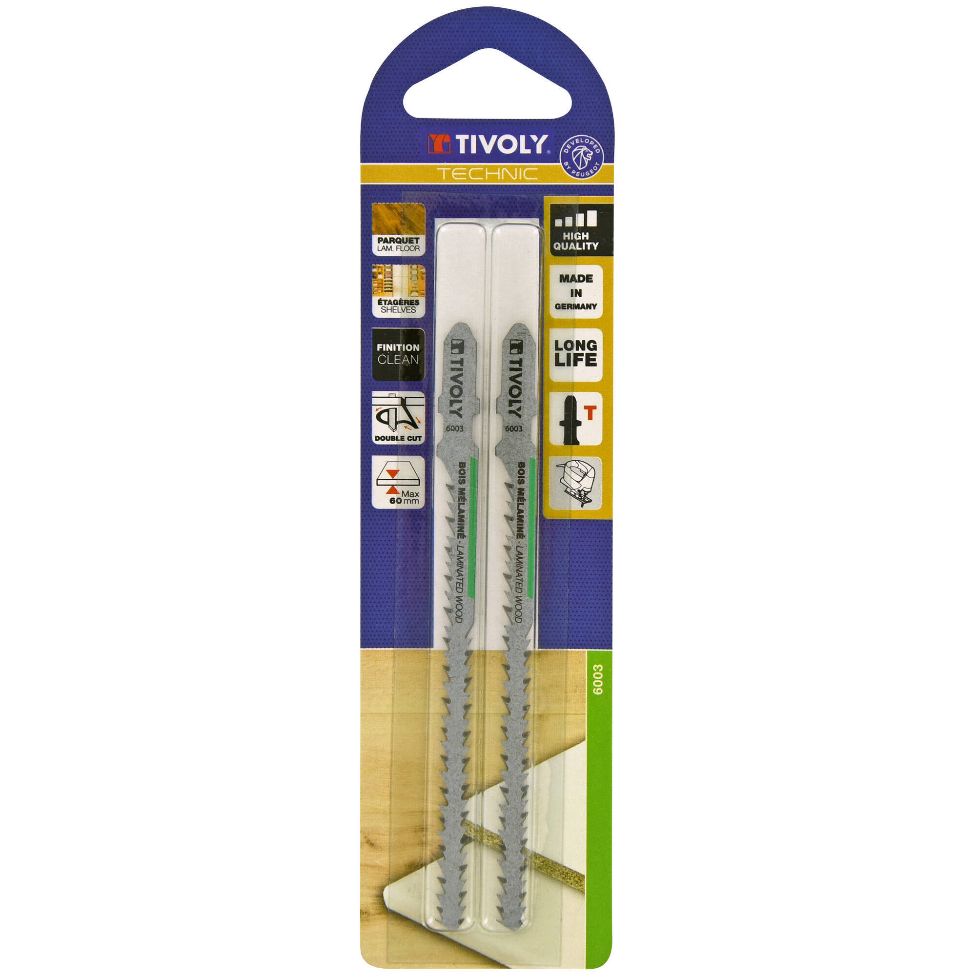 Hoja de sierra de calar -Dentado doble -Para madera de melamina -Enganche en T (Blíster) / L: 115 / H: 95 / Corte curvo y recto