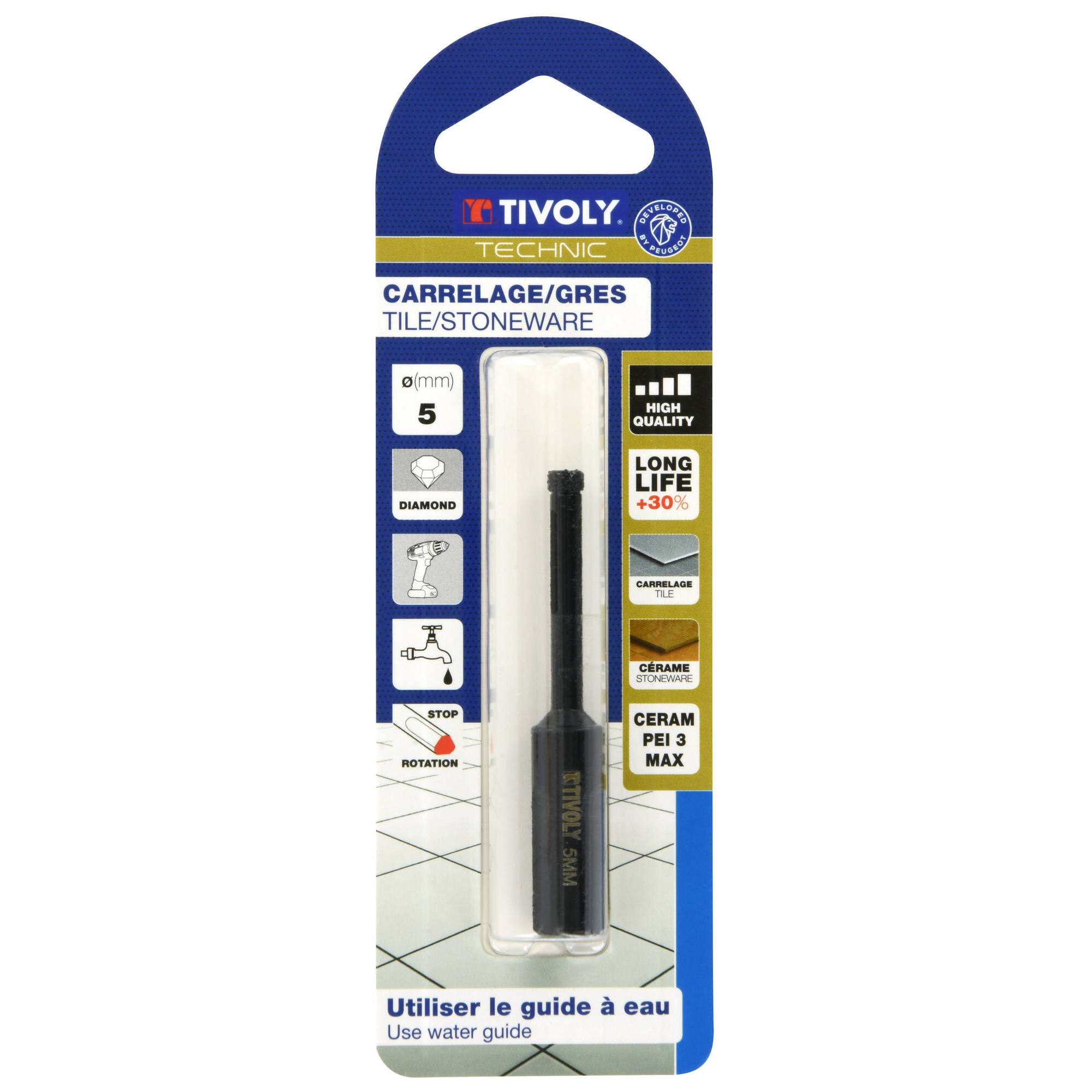 Ø: 5 / Broca diamantada taladrado con refrigeración -Mango cilíndrico con caras planas (Blíster) / L: 65