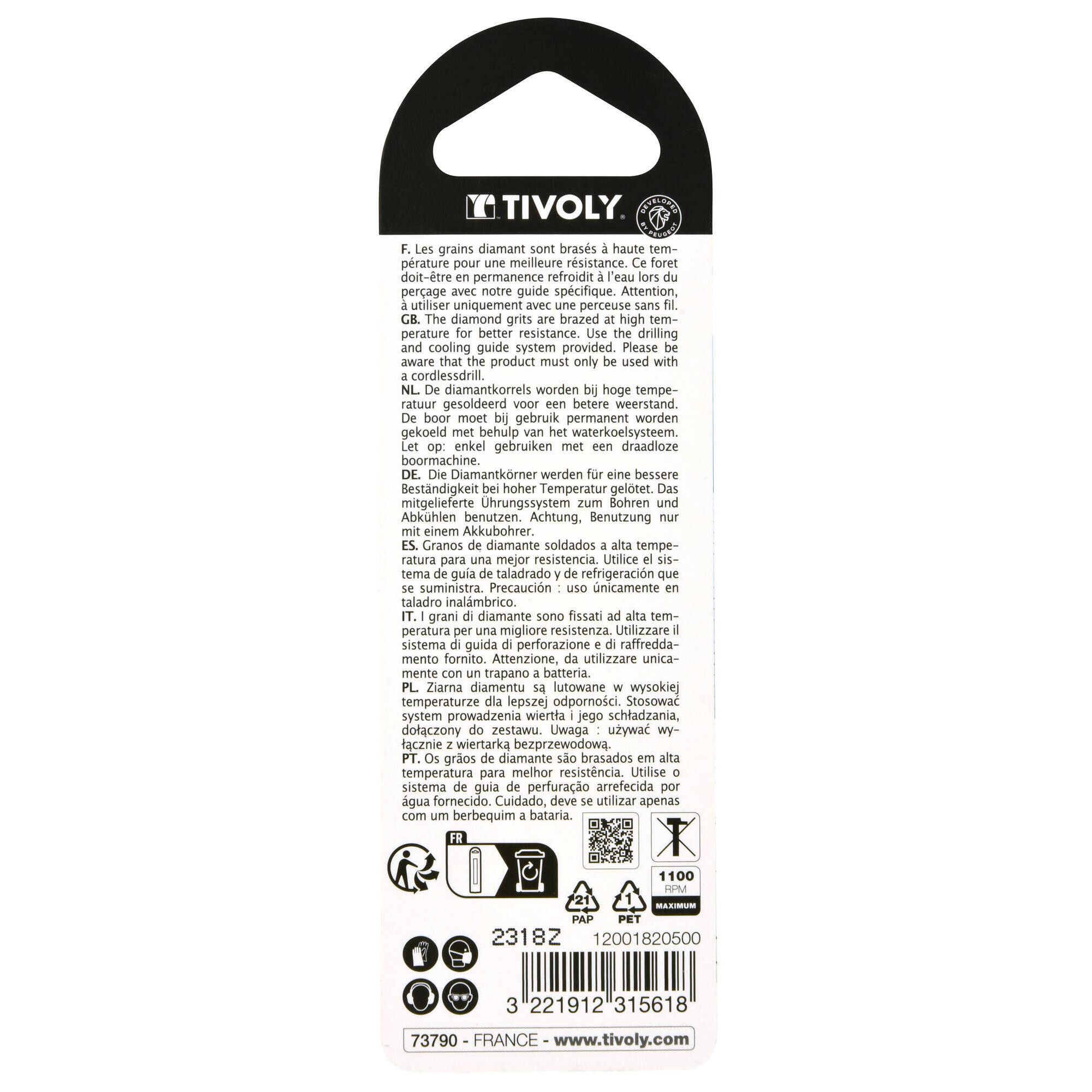 Ø: 5 / Broca diamantada taladrado con refrigeración -Mango cilíndrico con caras planas (Blíster) / L: 65