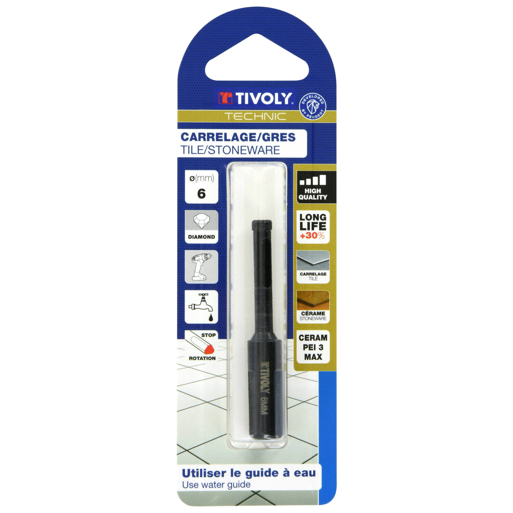 Ø: 6 / Broca diamantada taladrado con refrigeración -Mango cilíndrico con caras planas (Blíster) / L: 65