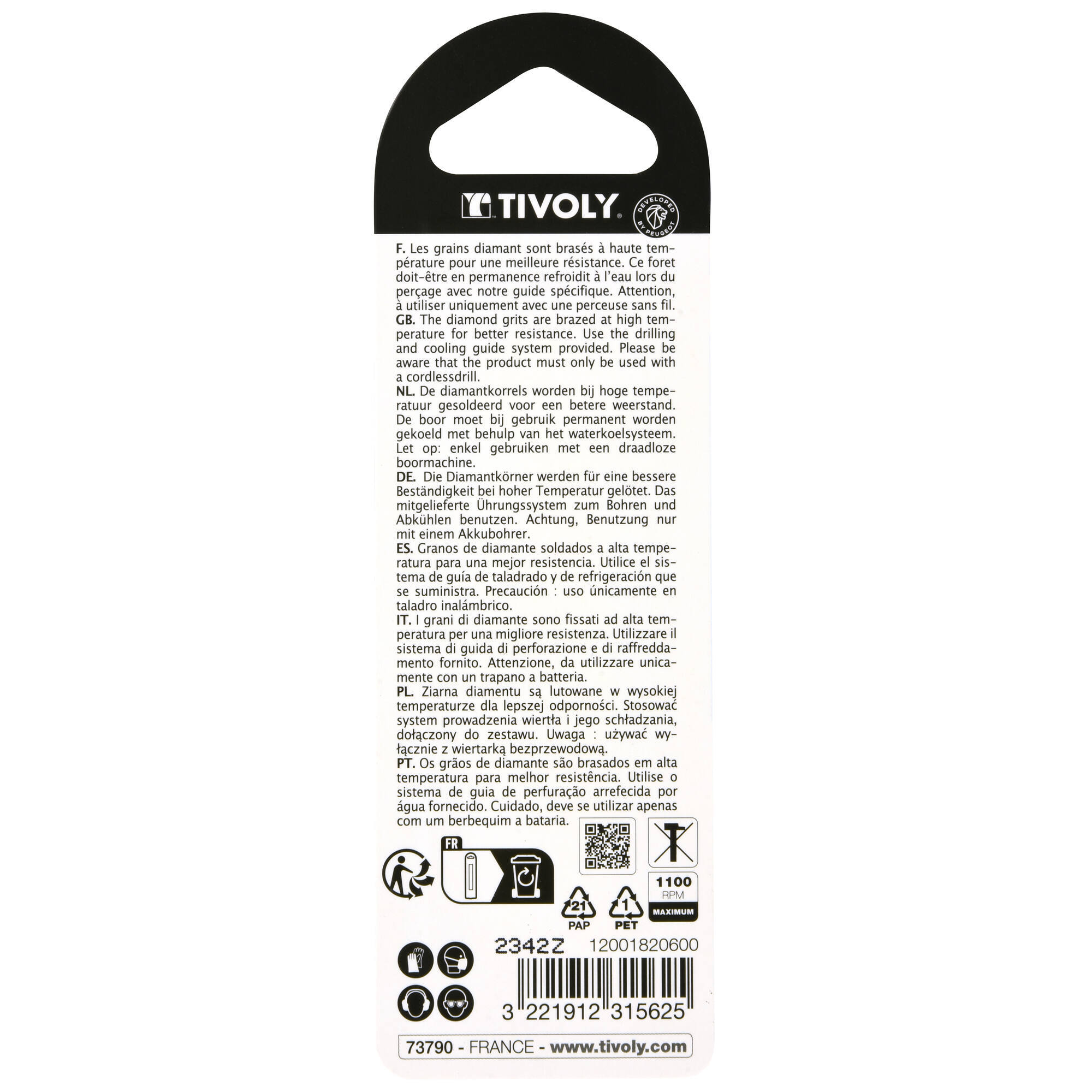 Ø: 6 / Broca diamantada taladrado con refrigeración -Mango cilíndrico con caras planas (Blíster) / L: 65