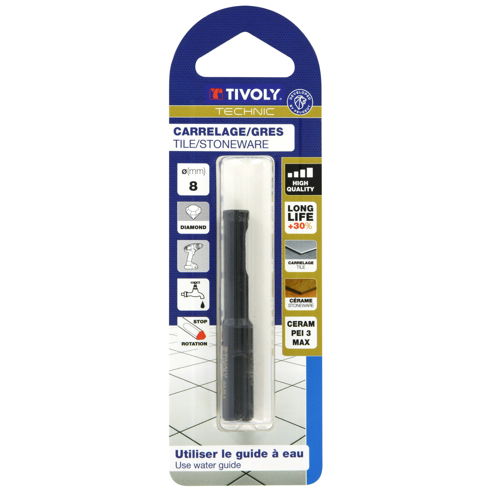 Ø: 8 / Broca diamantada taladrado con refrigeración -Mango cilíndrico con caras planas (Blíster) / L: 65