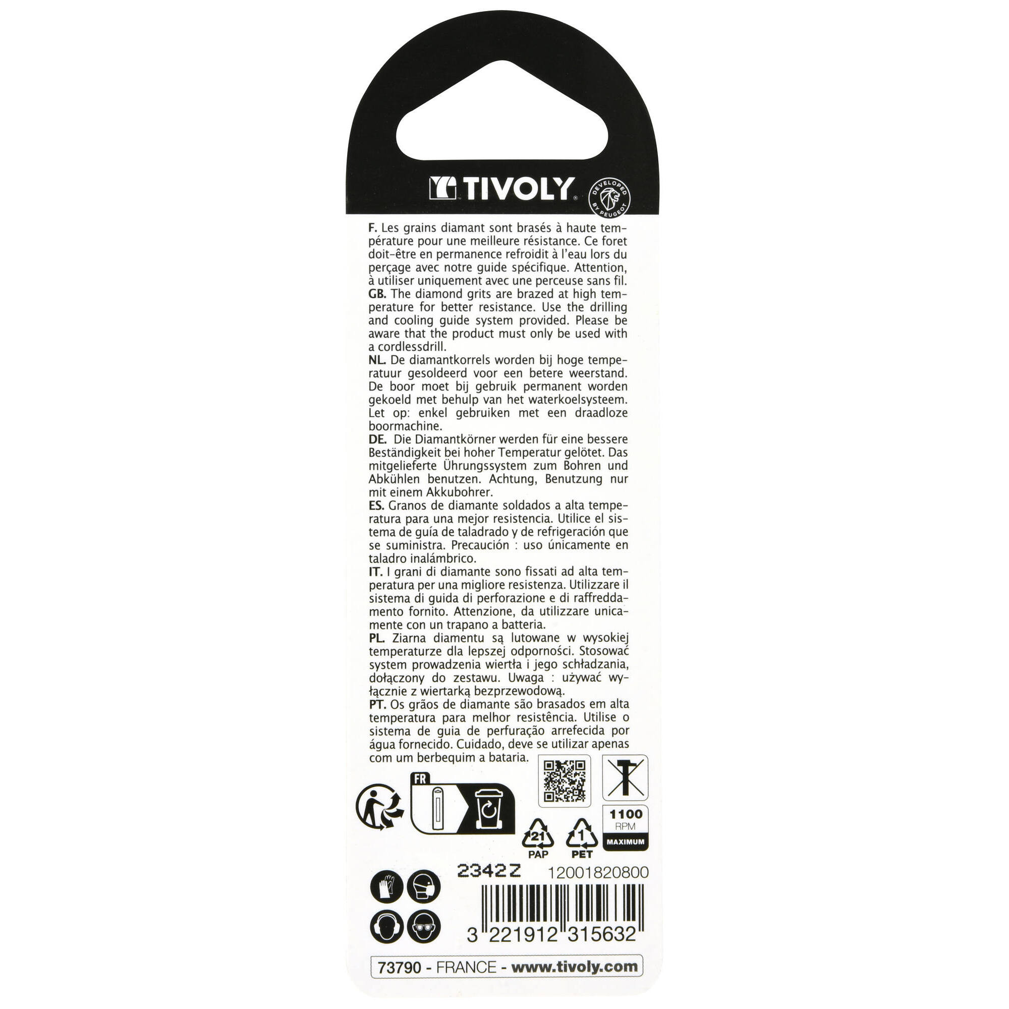 Ø: 8 / Broca diamantada taladrado con refrigeración -Mango cilíndrico con caras planas (Blíster) / L: 65