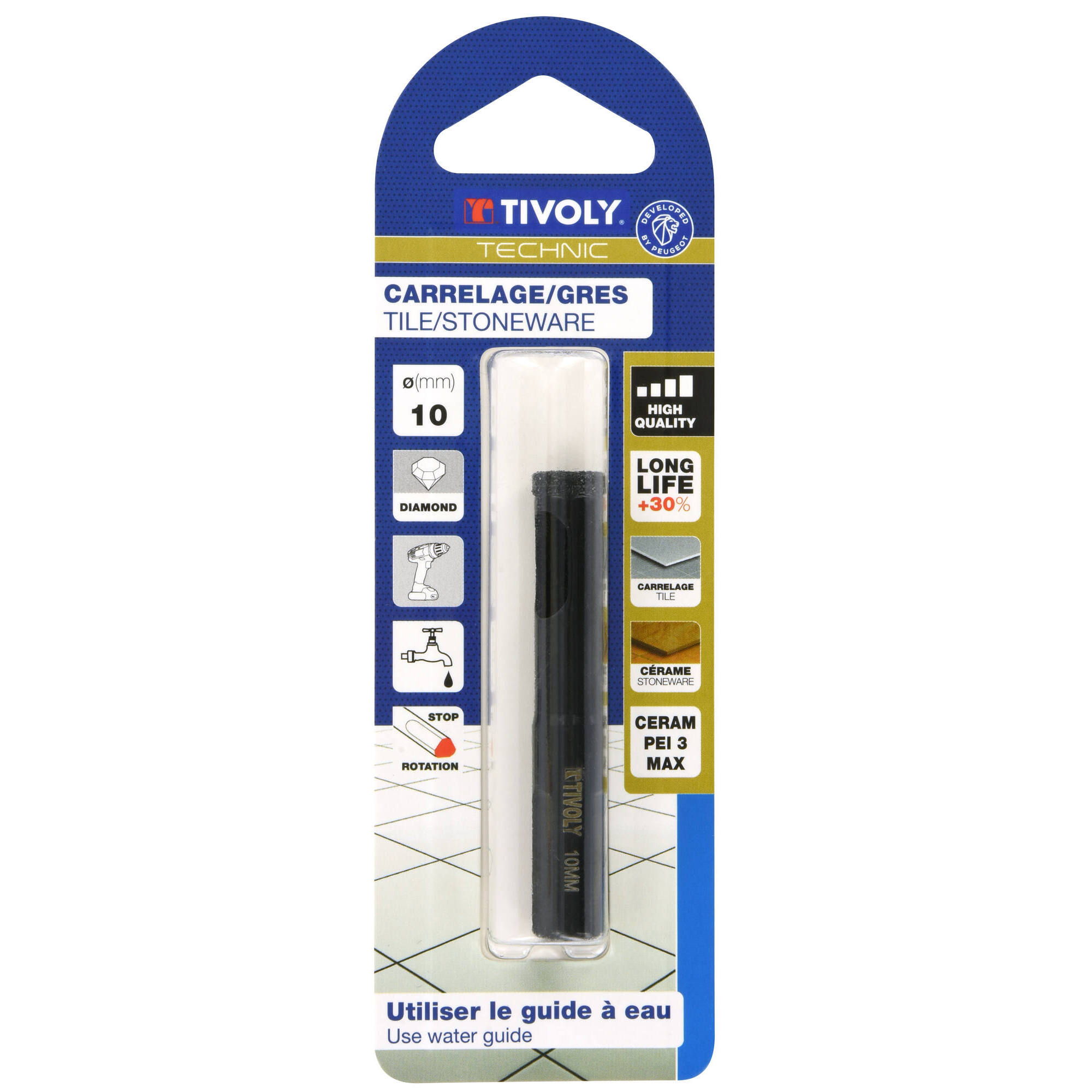 Ø: 10 / Broca diamantada taladrado con refrigeración -Mango cilíndrico con caras planas (Blíster) / L: 65