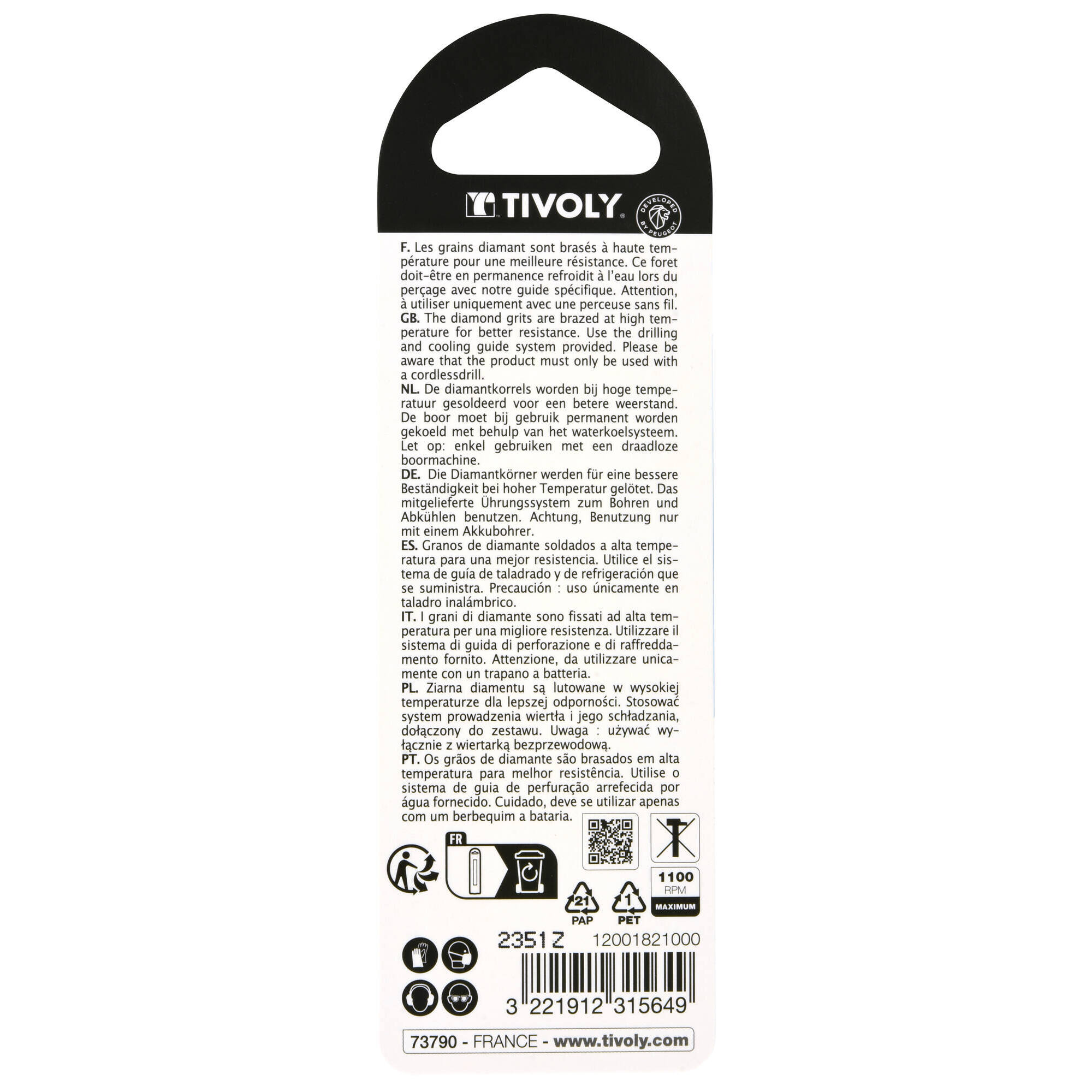 Ø: 10 / Broca diamantada taladrado con refrigeración -Mango cilíndrico con caras planas (Blíster) / L: 65