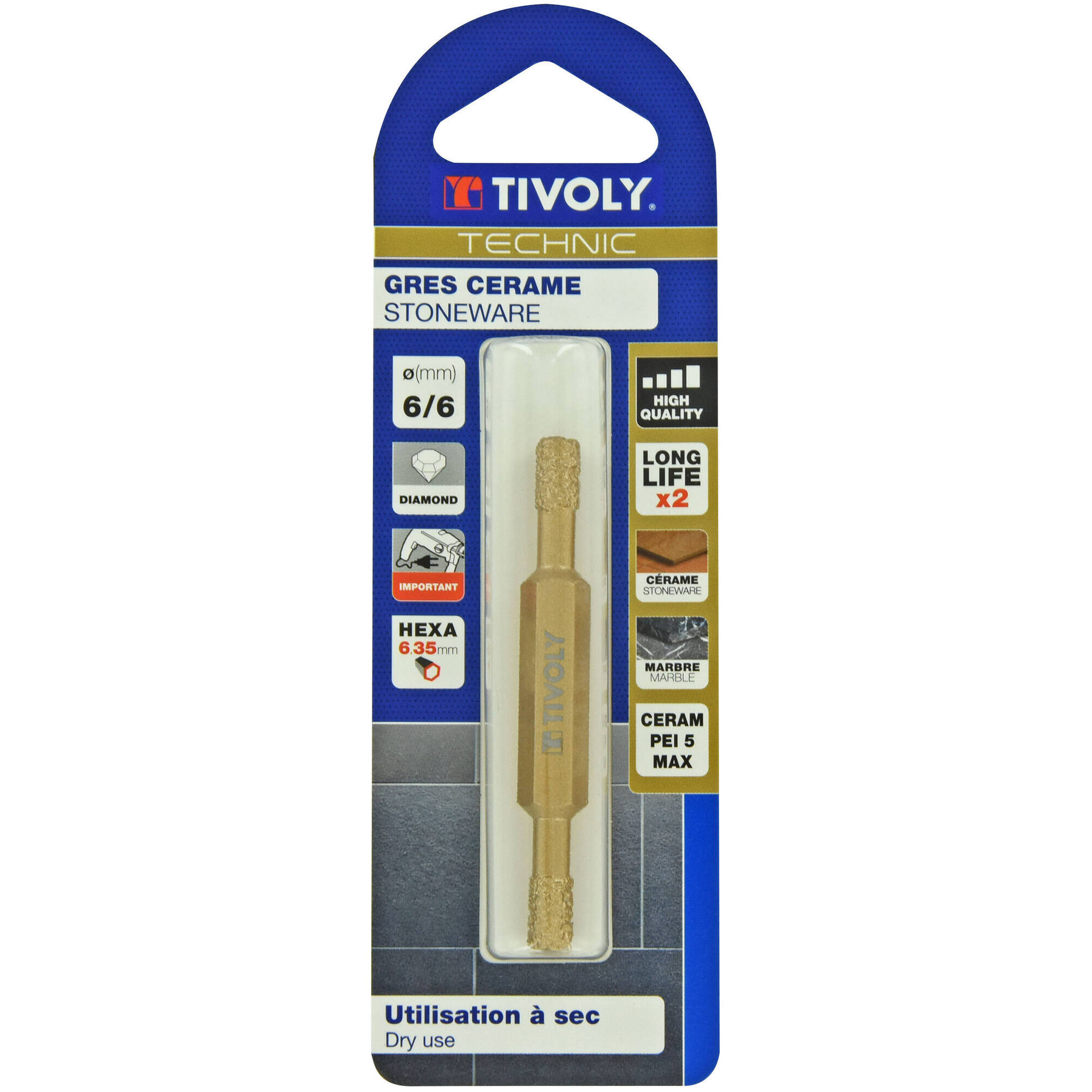 Ø: 6/6 / Broca REVERSIBLE diamantada corte en seco -Mango hexagonal (Blíster) / L: