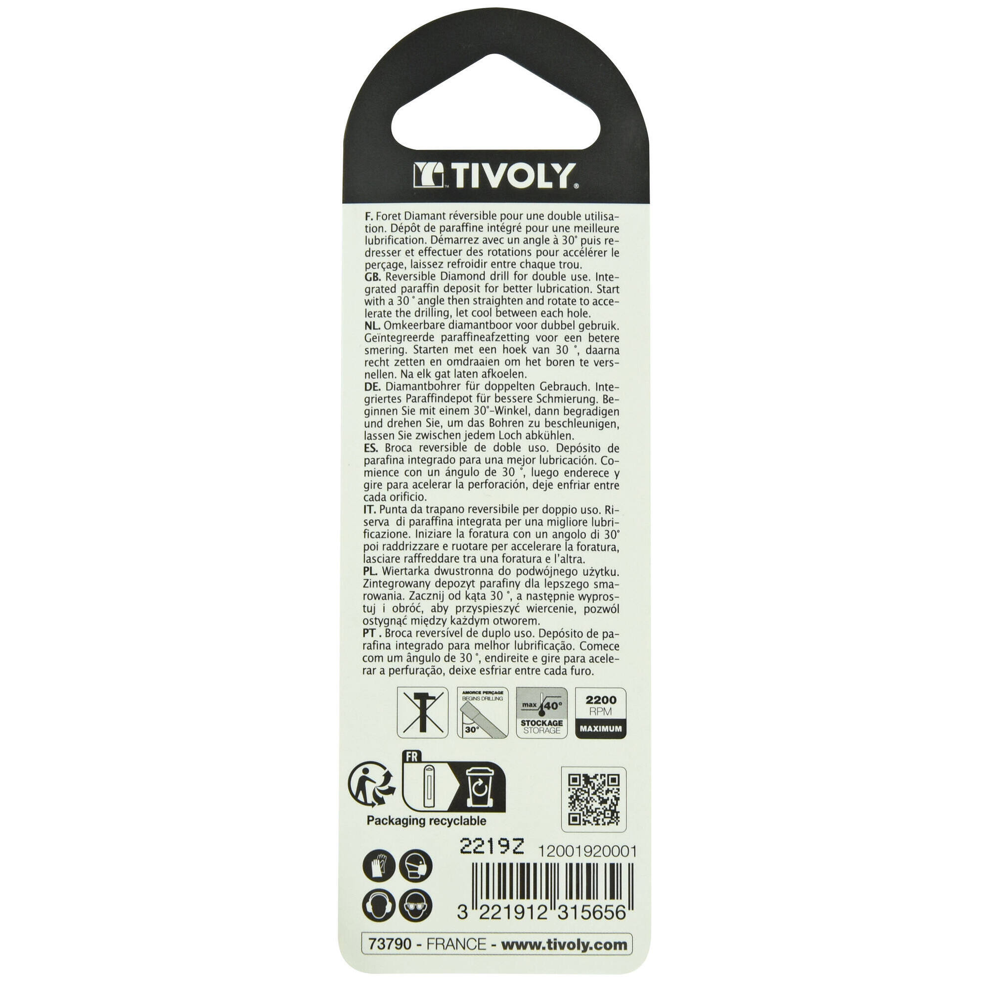 Ø: 6/6 / Broca REVERSIBLE diamantada corte en seco -Mango hexagonal (Blíster) / L: