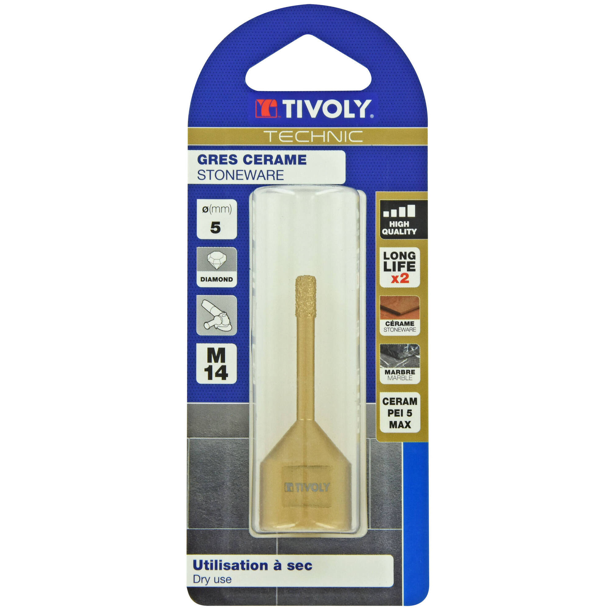 Ø: 5 / Broca diamantada taladrado en seco M14 -Amoladora (Blíster) / L: