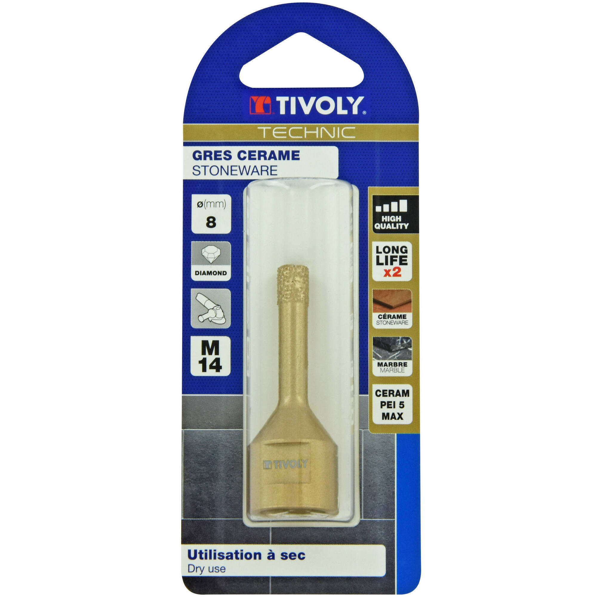 Ø: 8 / Broca diamantada taladrado en seco M14 -Amoladora (Blíster) / L: