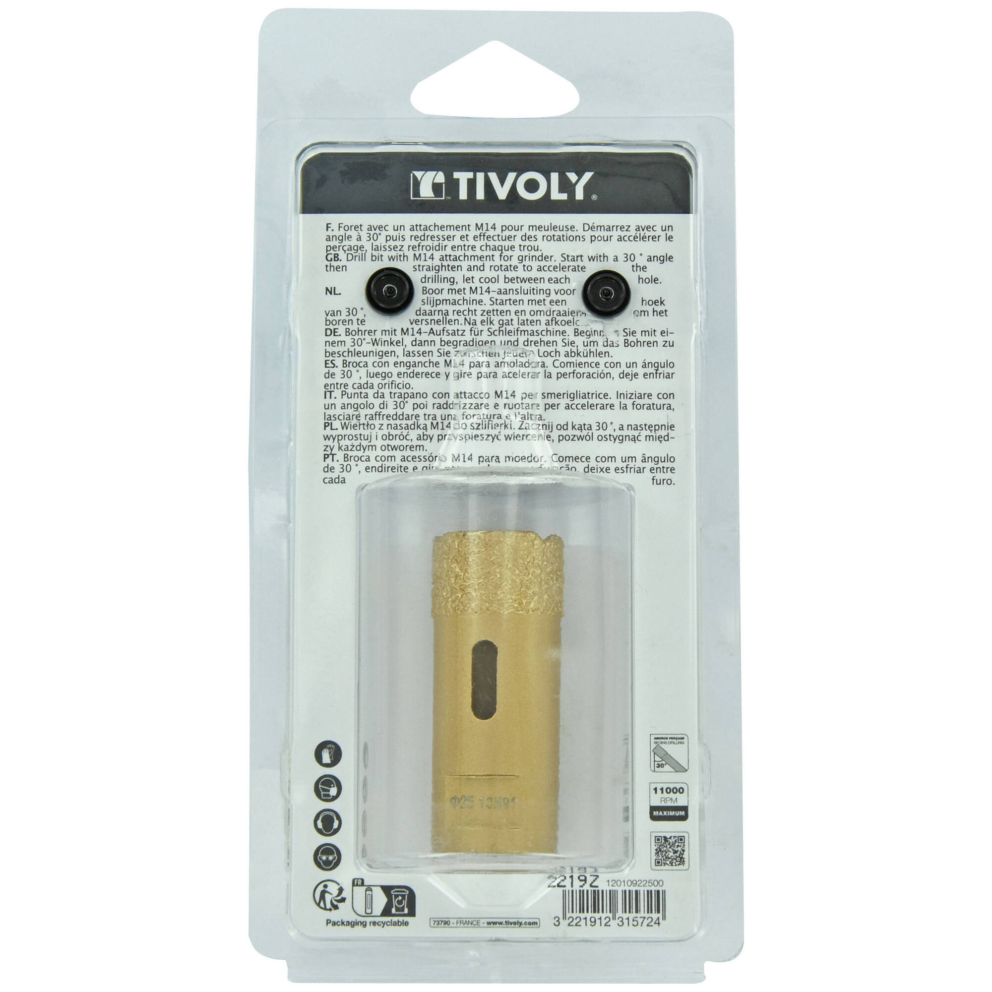 Ø: 25 / Broca diamantada taladrado en seco M14 -Amoladora (Blíster) / L: