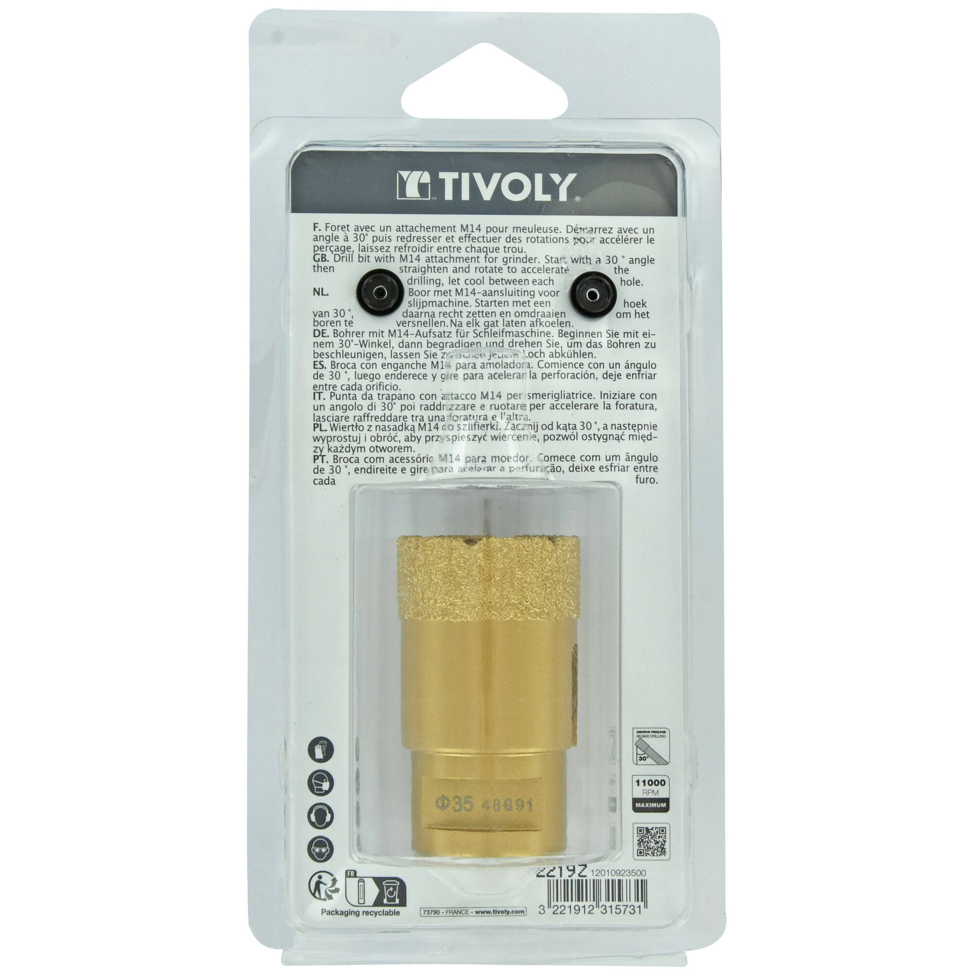 Ø: 35 / Broca diamantada taladrado en seco M14 -Amoladora (Estuche blíster) / L: