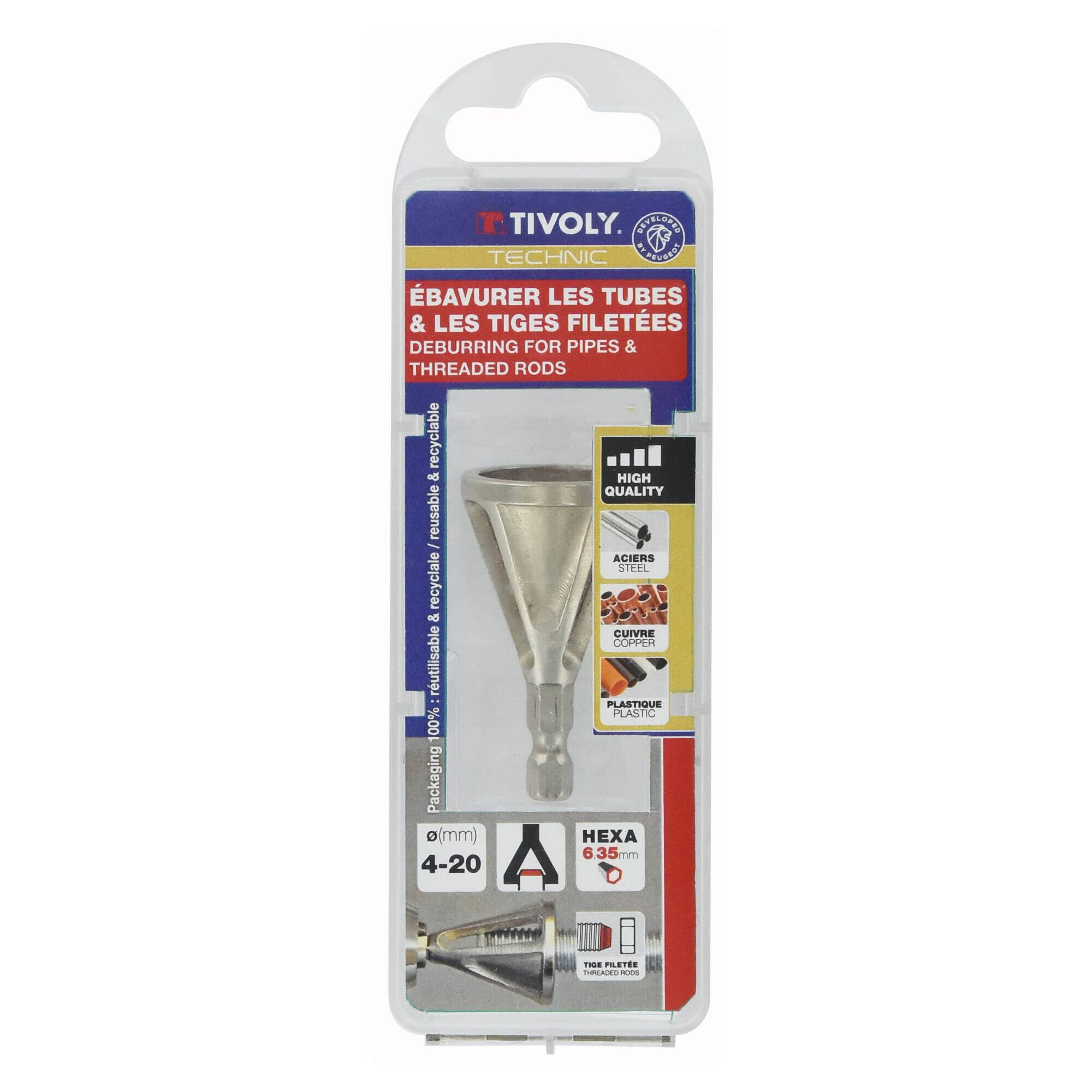 Fresa HCS para desbarbar tubos y varillas roscadas. Vástago hexagonal de 6,35 mm de cambio rápido - Ø 4 a 20 mm