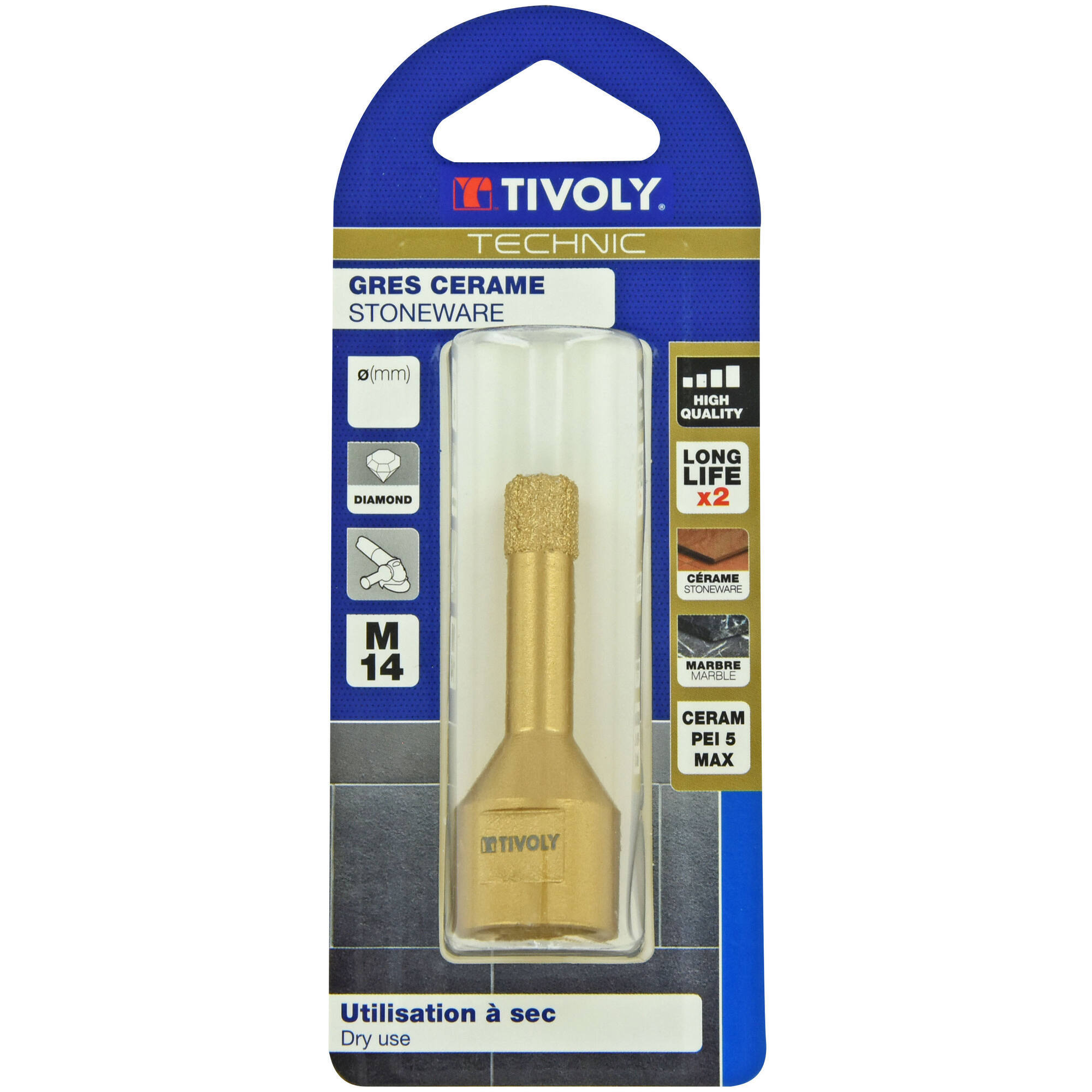 Ø: 10 / Broca diamantada taladrado en seco M14 -Amoladora (Blíster) / L: