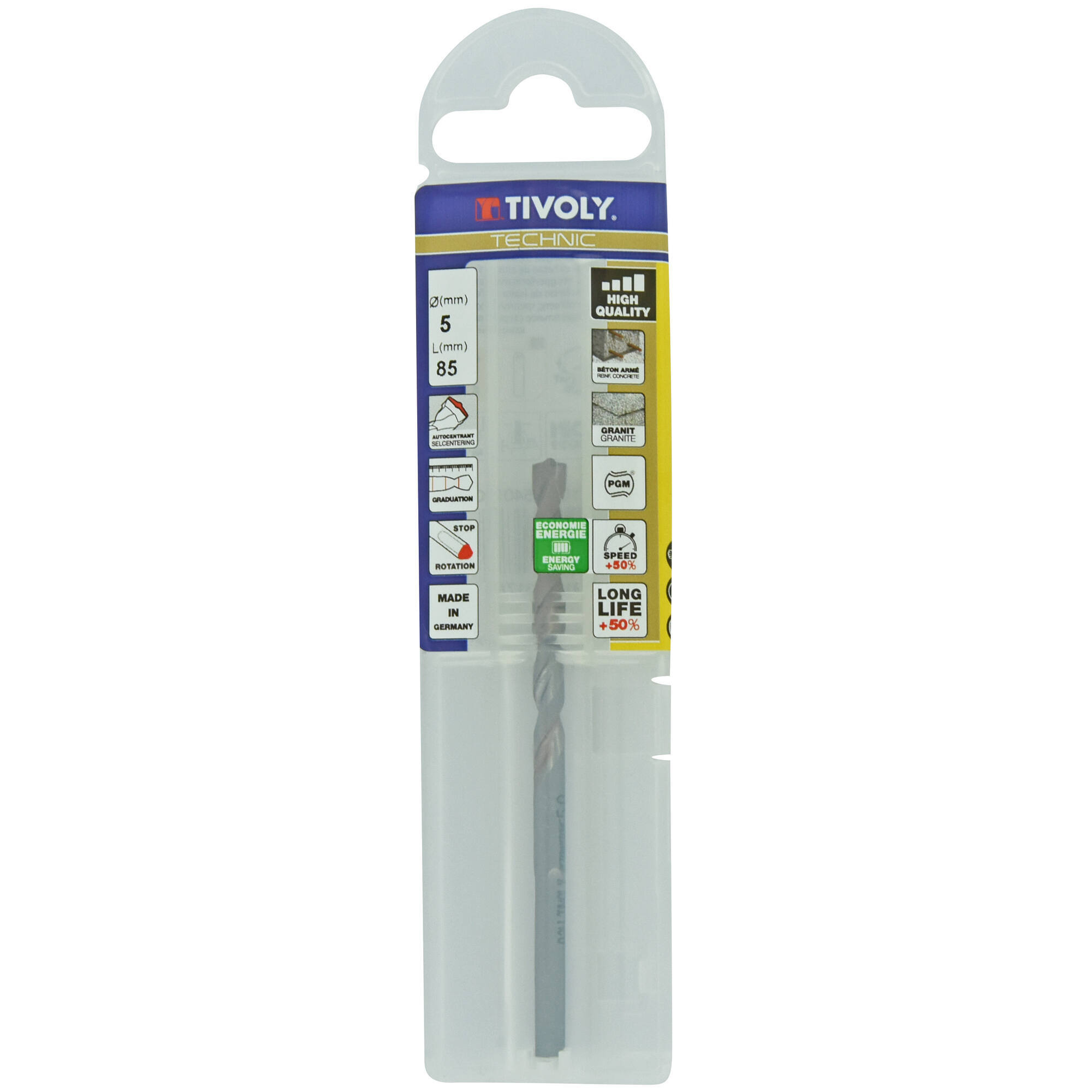 Ø: 5 / Broca para hormigón -Placa de Metal Duro con punta de centrado -Mango cilíndrico de 3 caras planas -Graduada SLR (Funda plástico) / L: 85