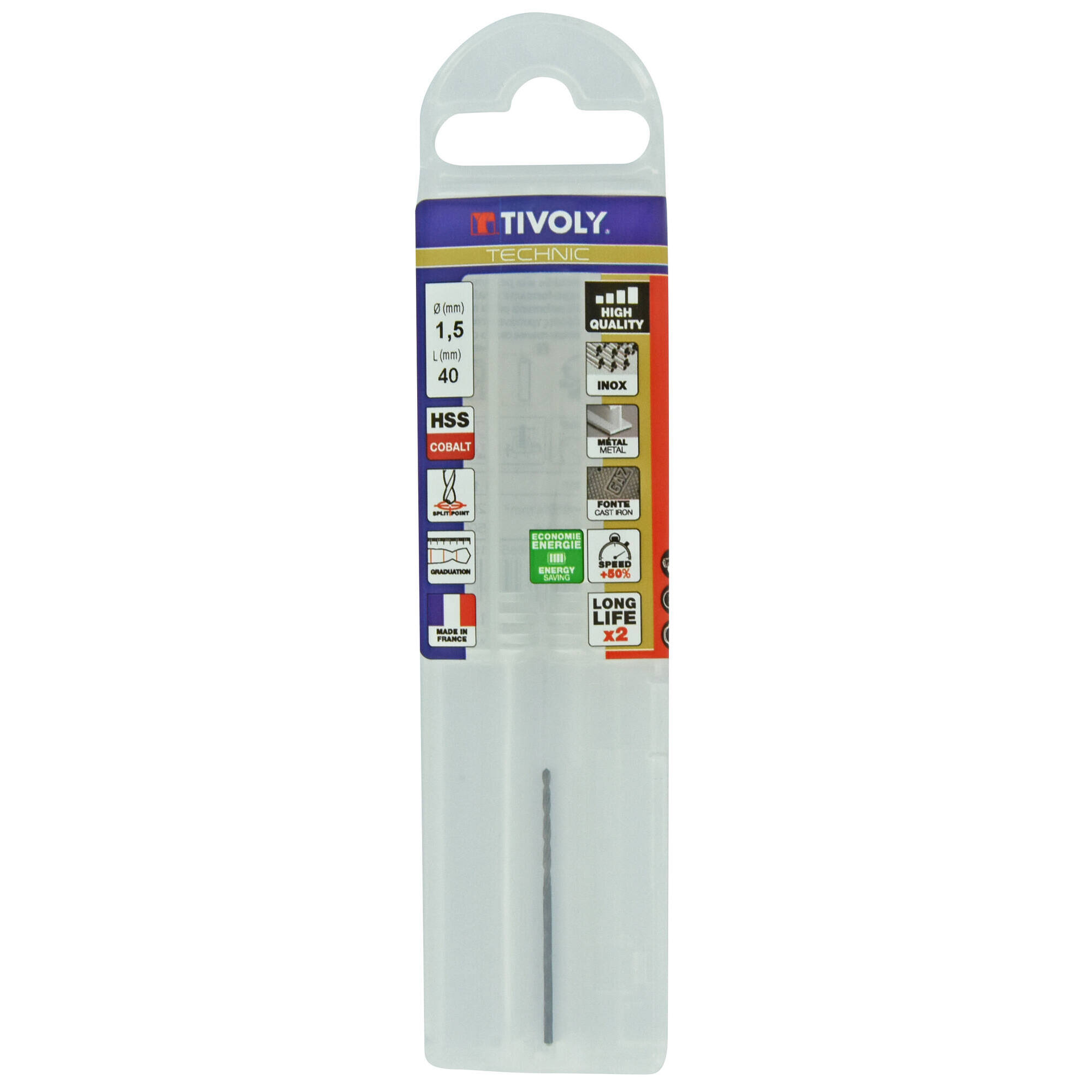 Ø: 1.5 / L: 40 / Broca para metal HSS-E5 (cobalto 5 %) -Afilado SPLIT POINT -Graduada SLR (Funda plástico)