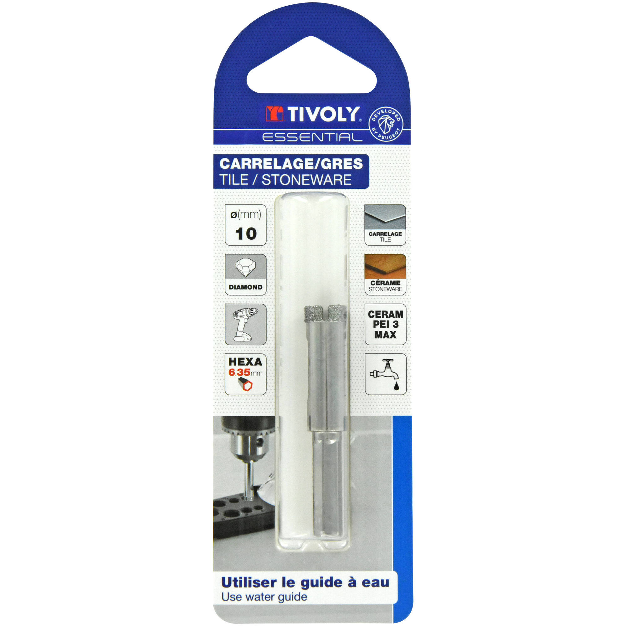 Ø: 10 / Broca diamantada taladrado con refrigeración -Mango hexagonal (Blíster) / L: 55