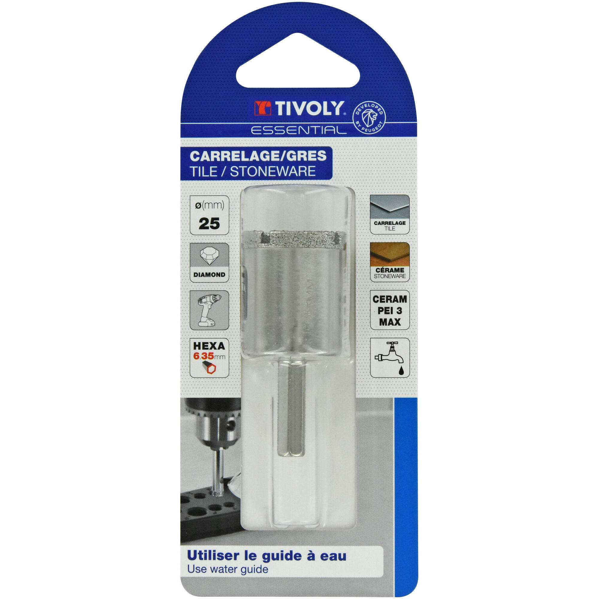 Ø: 25 / Broca diamantada taladrado con refrigeración -Mango hexagonal (Blíster) / L: 55