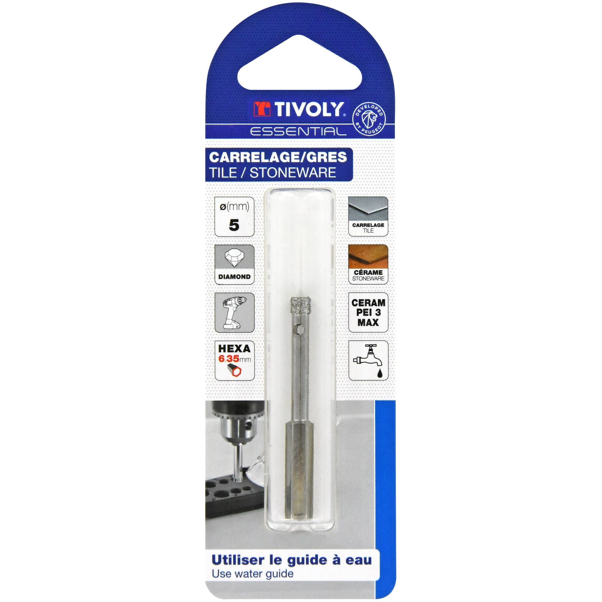 Ø: 5 / Broca diamantada taladrado con refrigeración -Mango hexagonal (Blíster) / L: 55