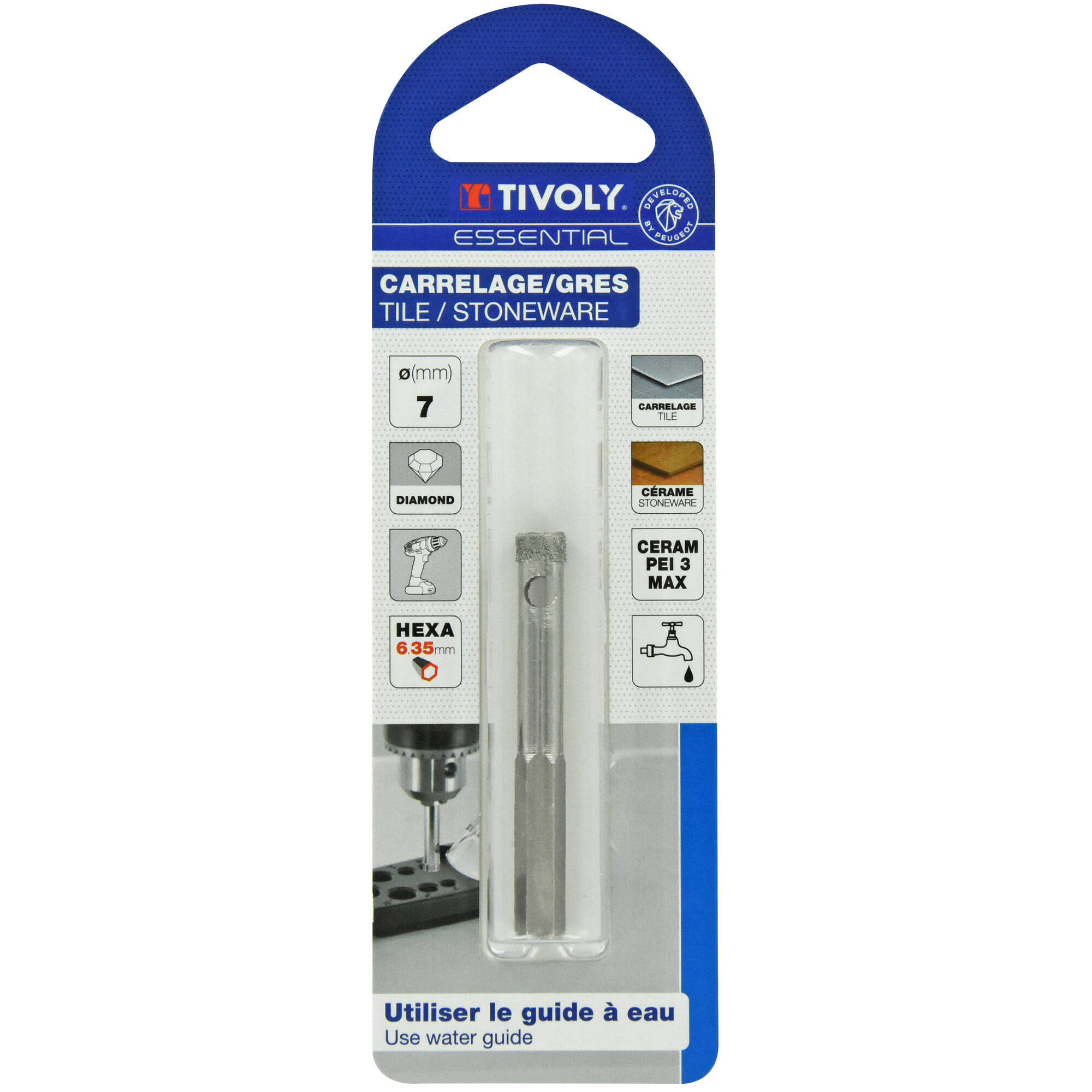 Ø: 7 / Broca diamantada taladrado con refrigeración -Mango hexagonal (Blíster) / L: 55