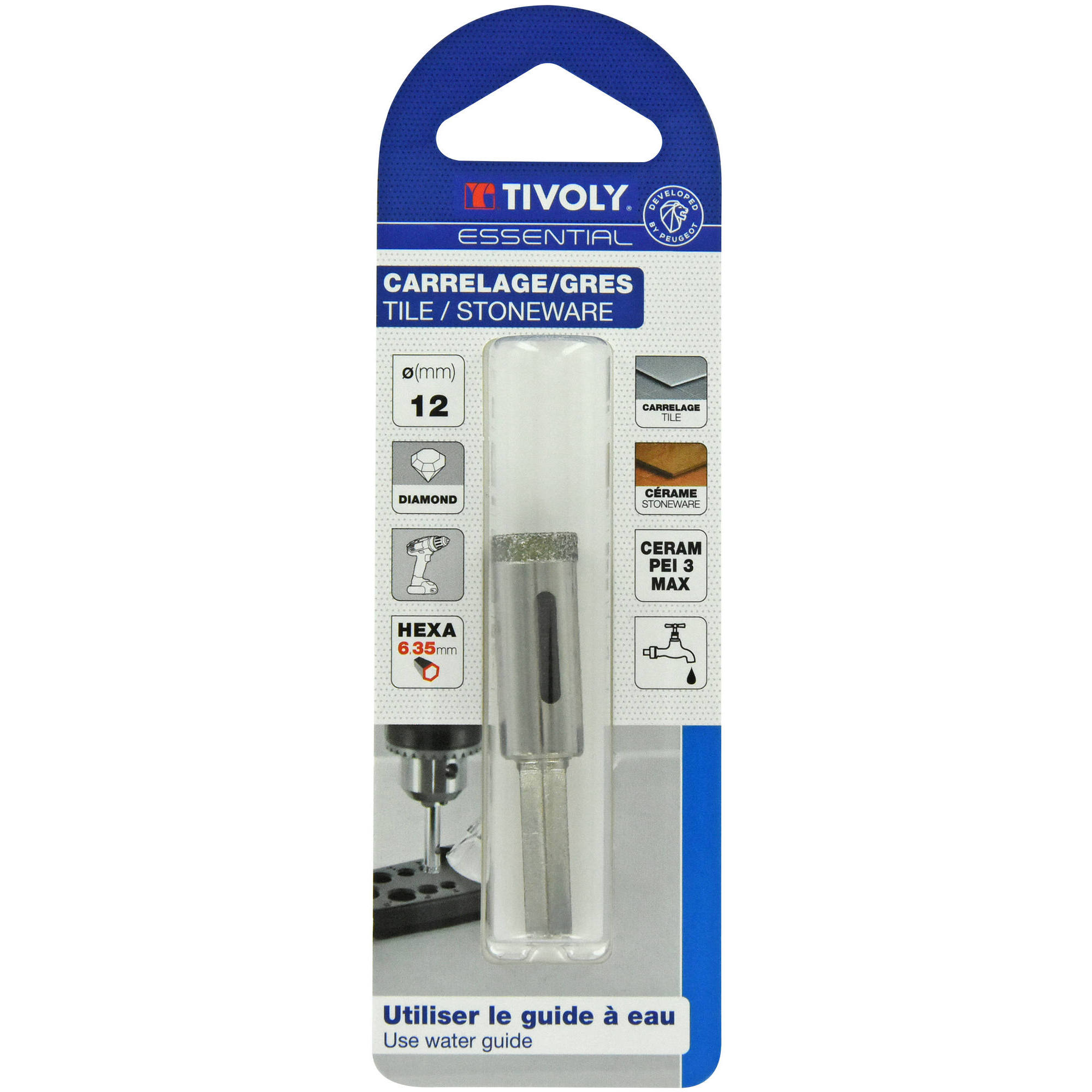 Ø: 12 / Broca diamantada taladrado con refrigeración -Mango hexagonal (Blíster) / L: 55