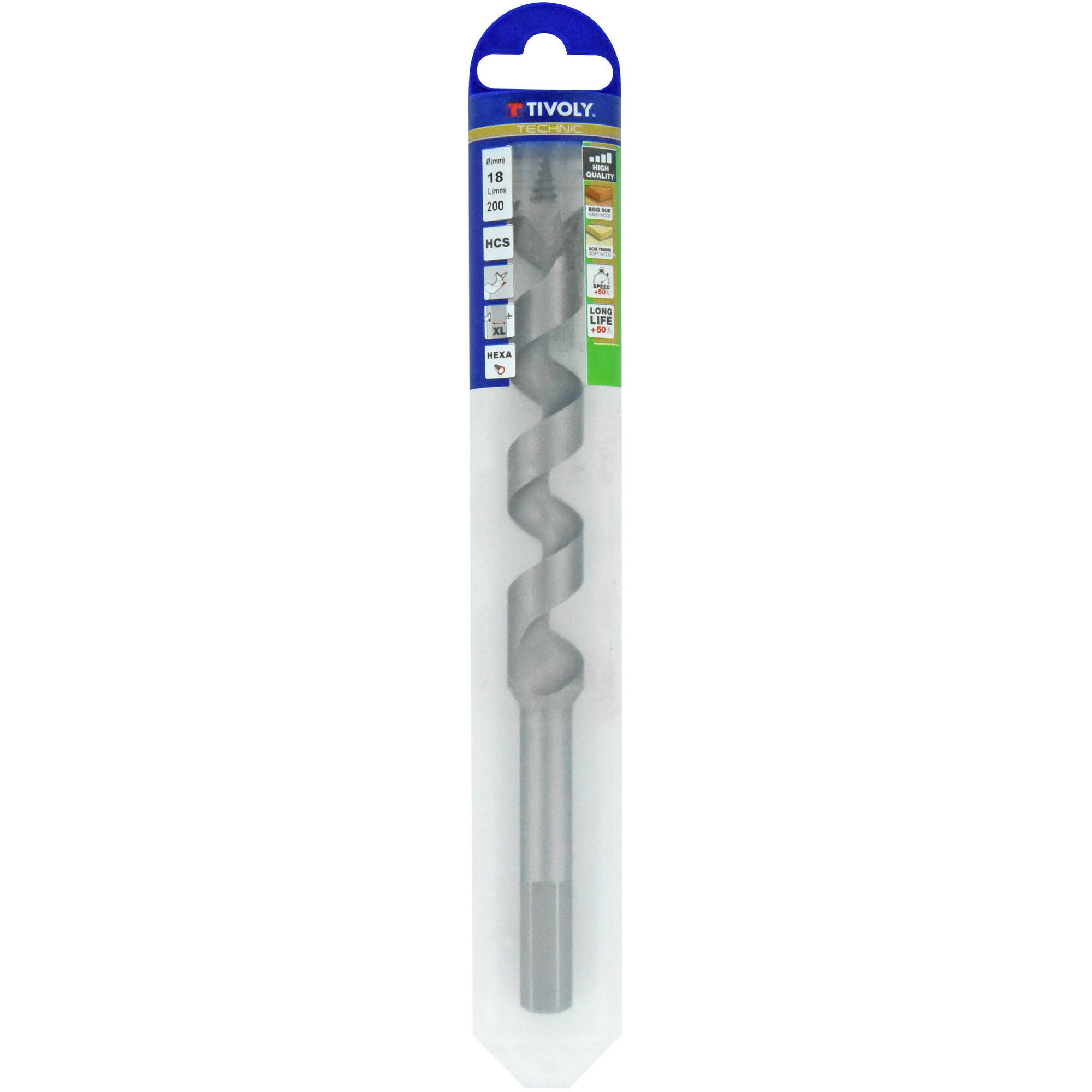 Ø: 18 / Broca para madera espiral única L. 200 mm -Mango hexagonal (Funda plástico) / L: 200
