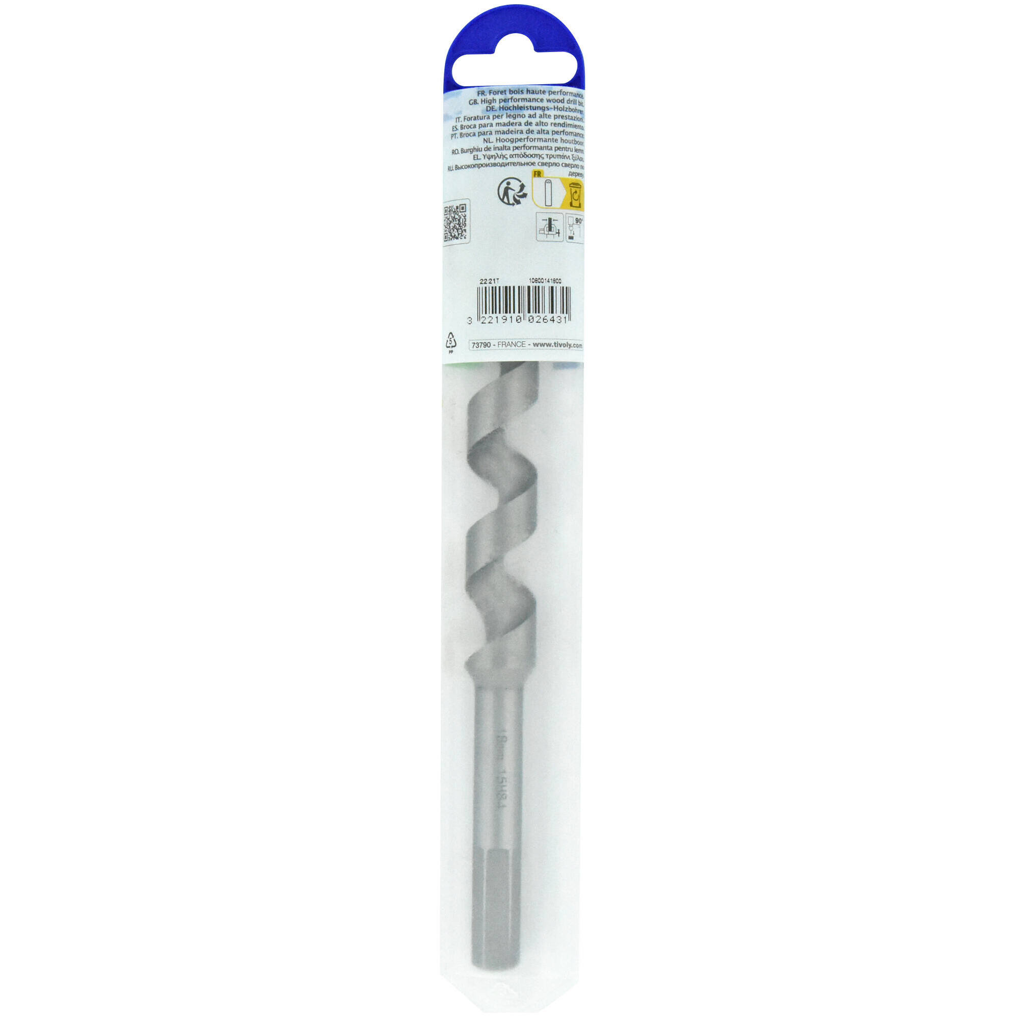 Ø: 18 / Broca para madera espiral única L. 200 mm -Mango hexagonal (Funda plástico) / L: 200