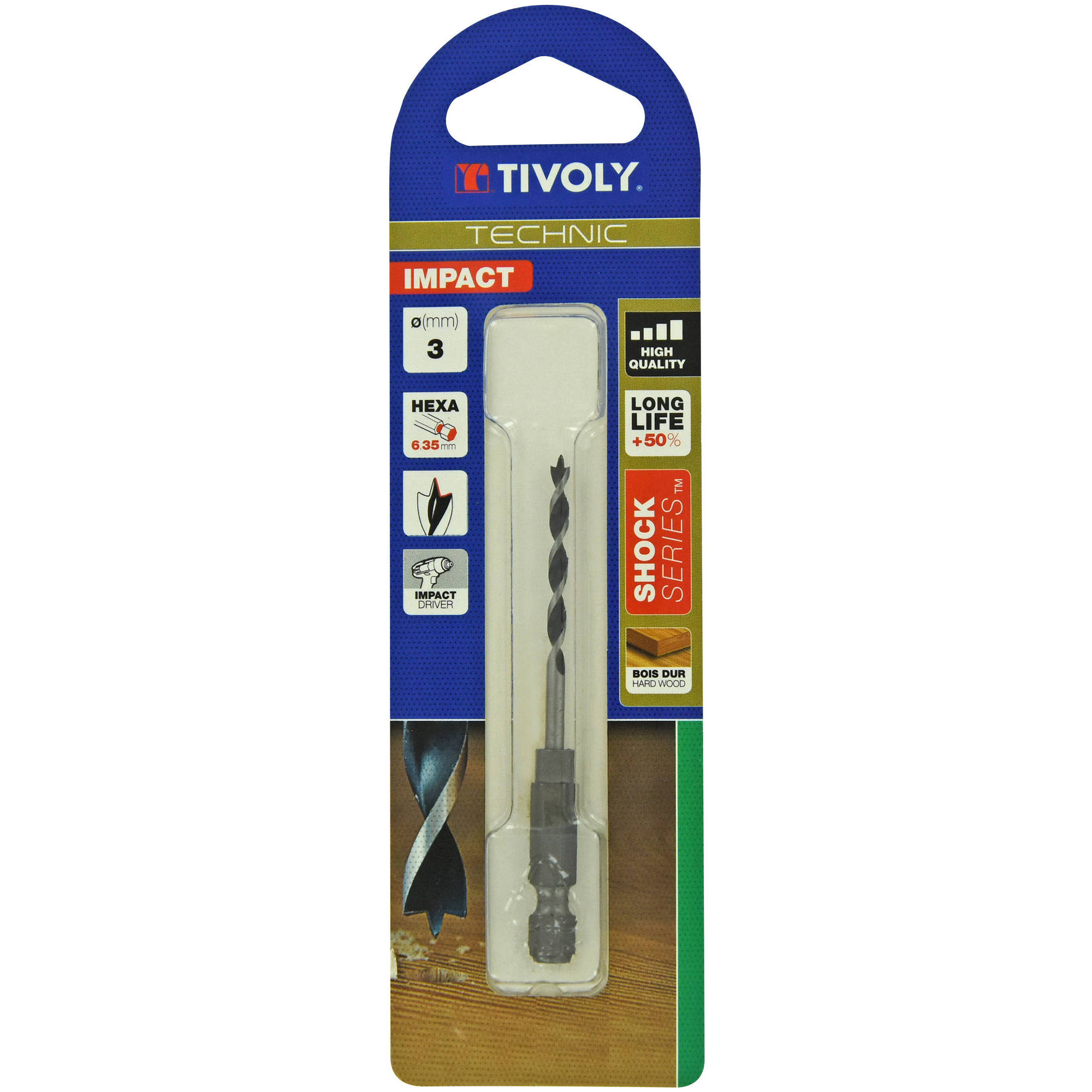 Ø: 3 / Broca para madera de 3 puntas Shock Serie -Mango hexagonal (Blíster) / L: 80