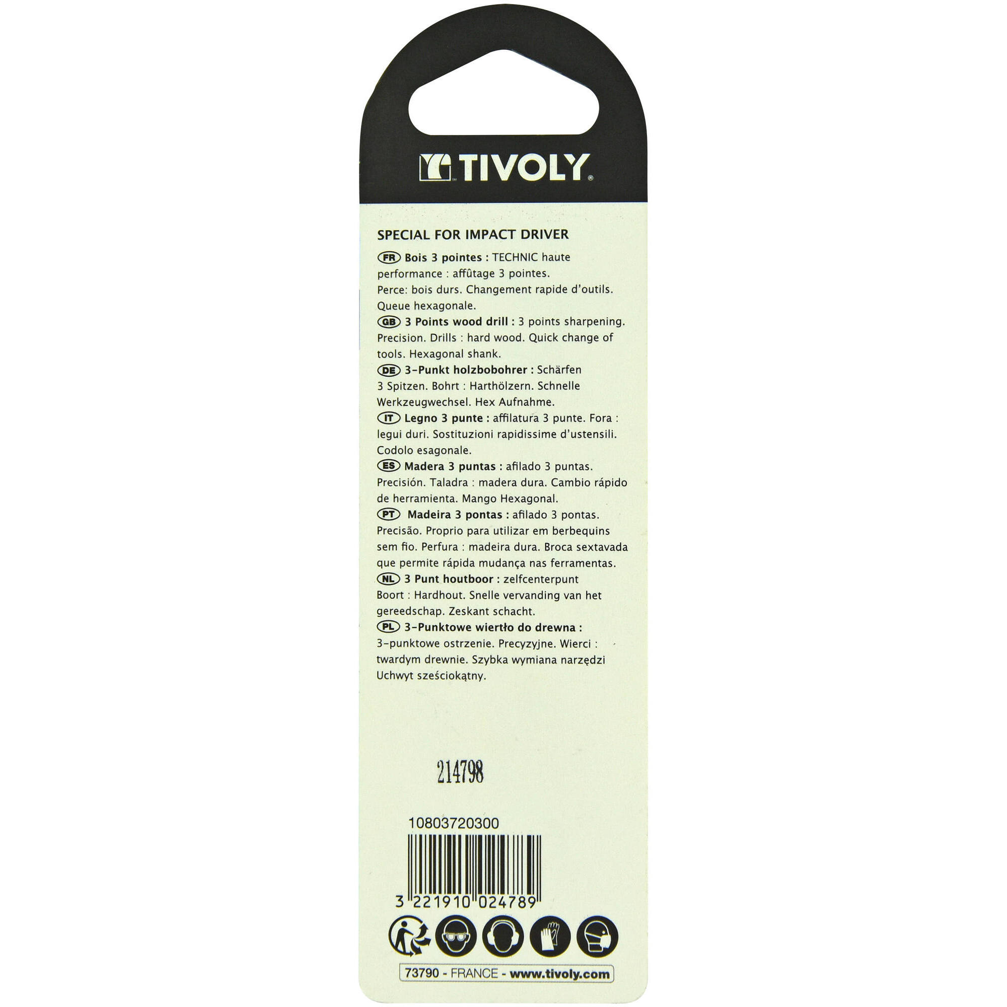 Ø: 3 / Broca para madera de 3 puntas Shock Serie -Mango hexagonal (Blíster) / L: 80