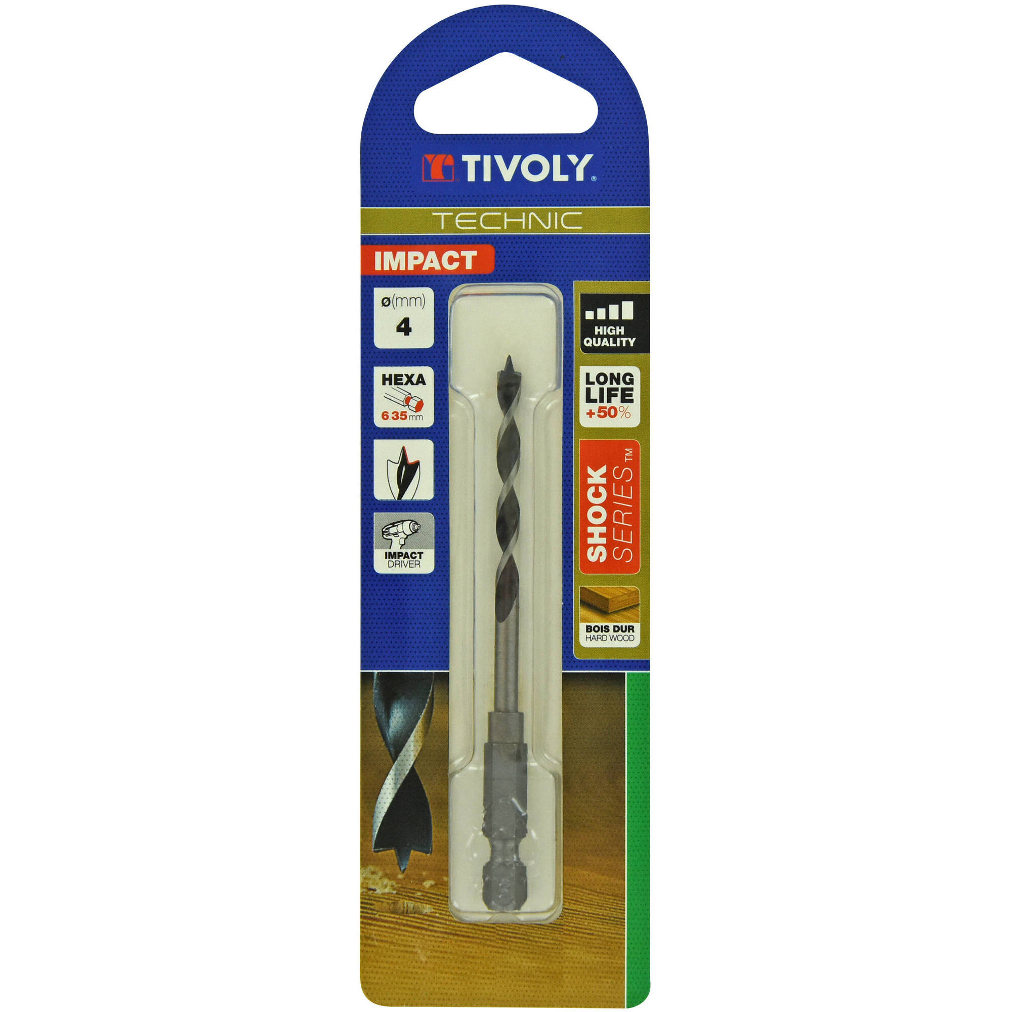 Ø: 4 / Broca para madera de 3 puntas Shock Serie -Mango hexagonal (Blíster) / L: 94