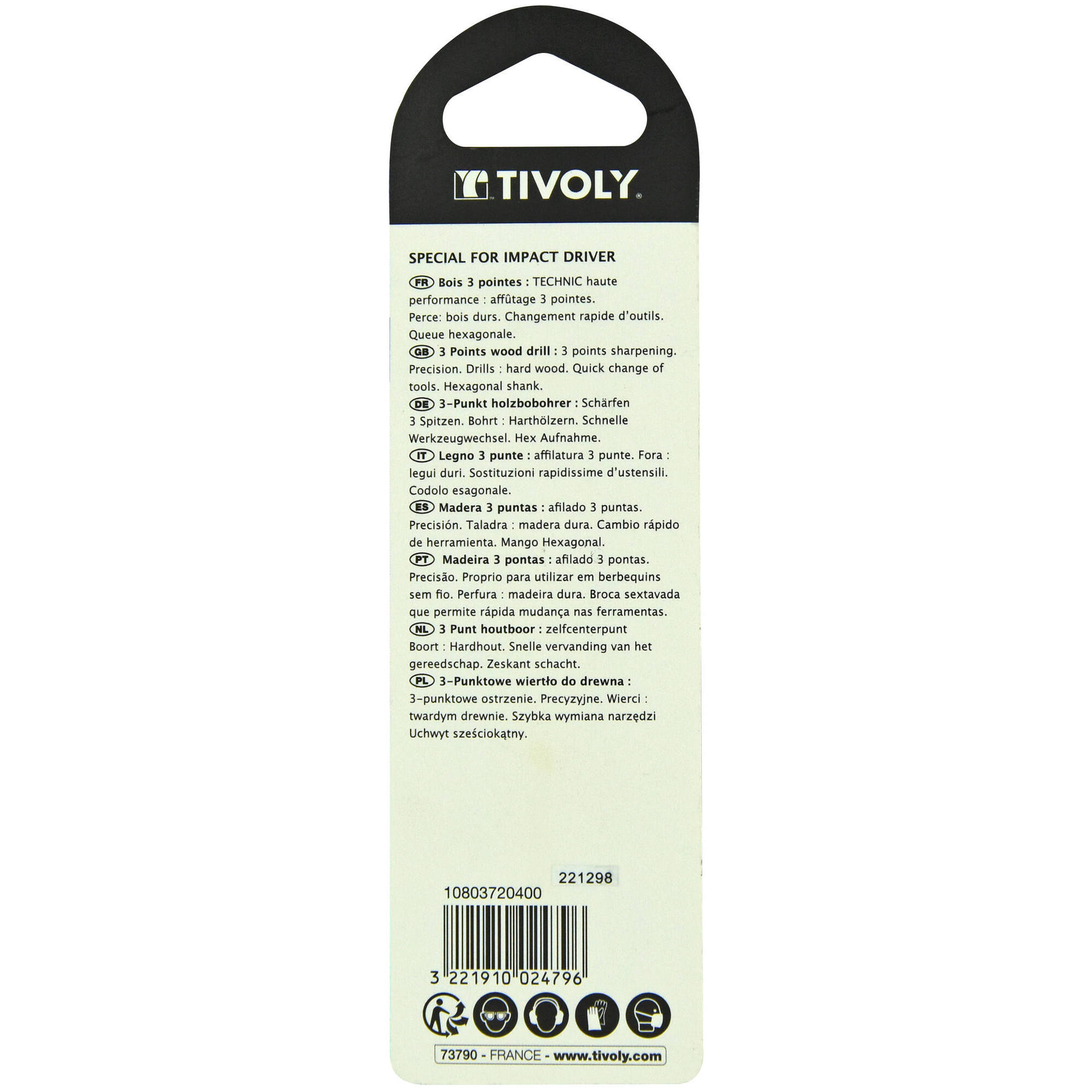 Ø: 4 / Broca para madera de 3 puntas Shock Serie -Mango hexagonal (Blíster) / L: 94