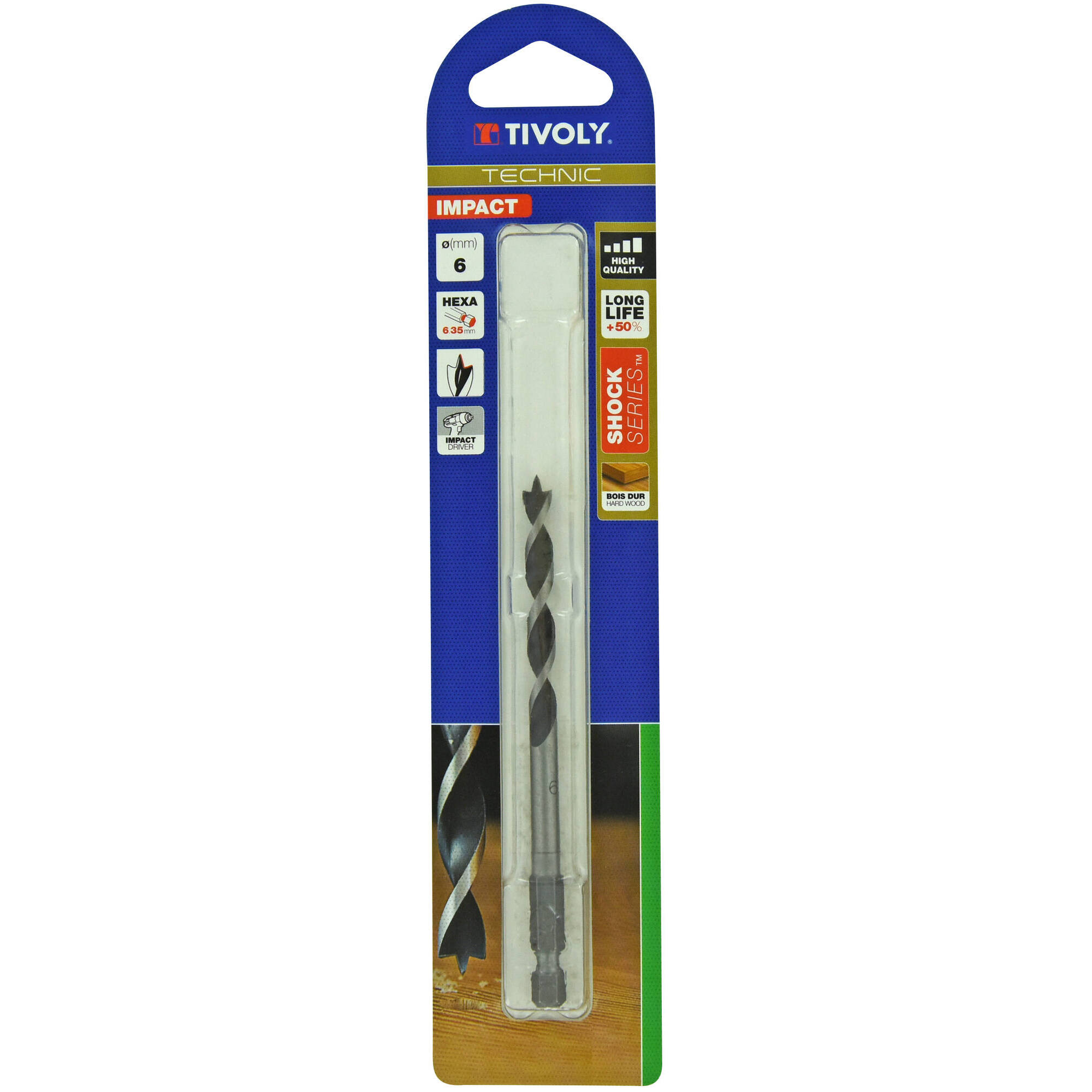 Ø: 6 / Broca para madera de 3 puntas Shock Serie -Mango hexagonal (Blíster) / L: 112