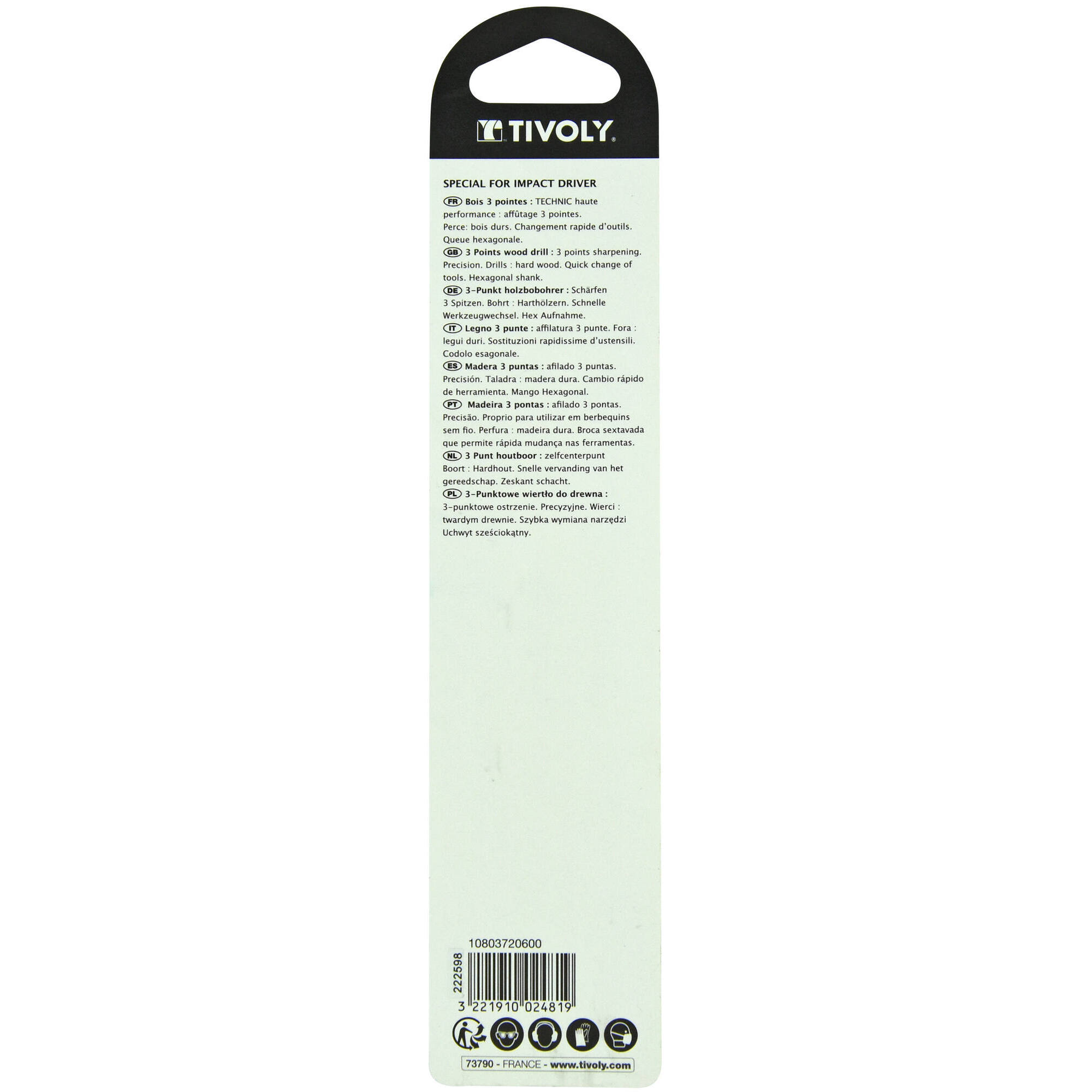 Ø: 6 / Broca para madera de 3 puntas Shock Serie -Mango hexagonal (Blíster) / L: 112