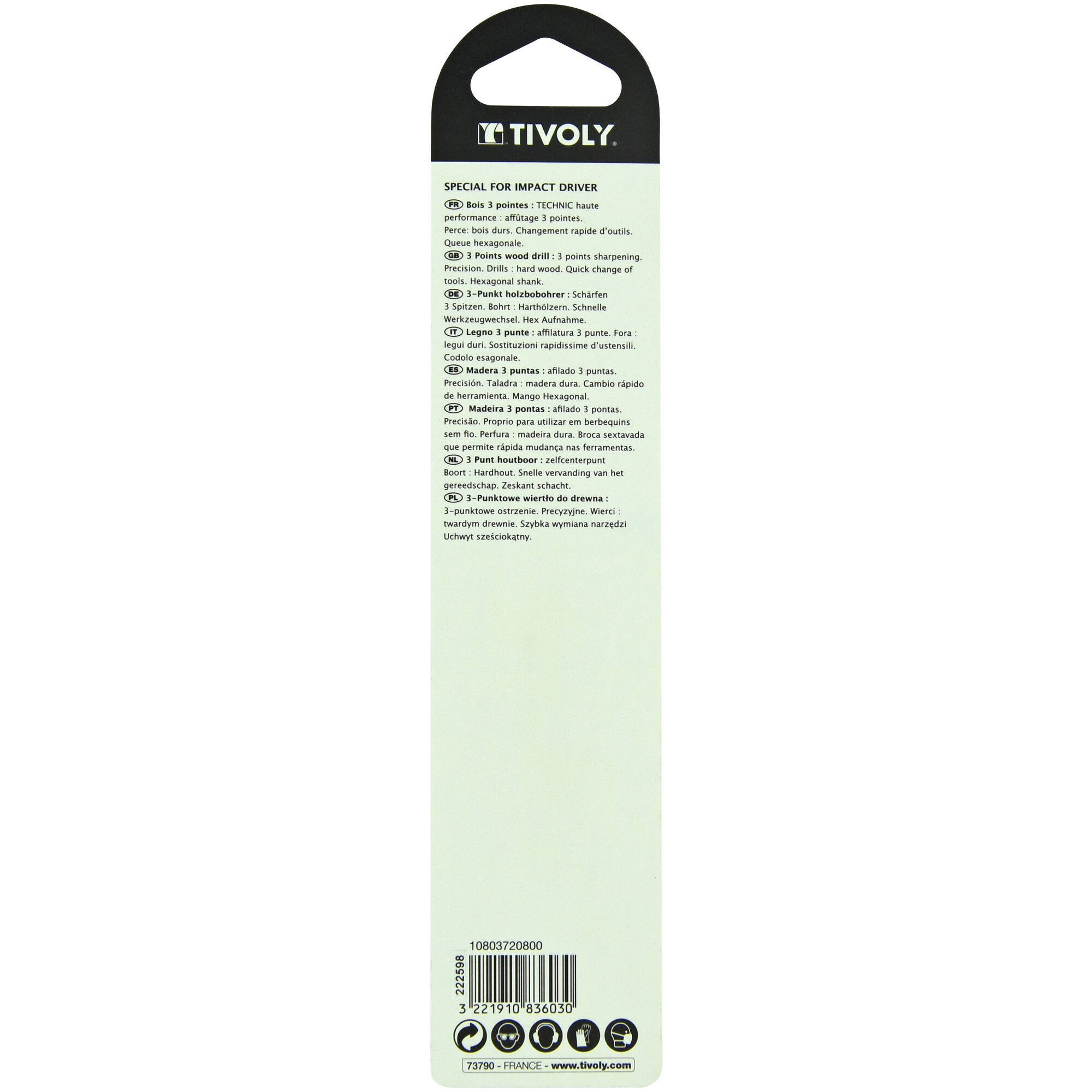 Ø: 8 / Broca para madera de 3 puntas Shock Serie -Mango hexagonal (Blíster) / L: 117