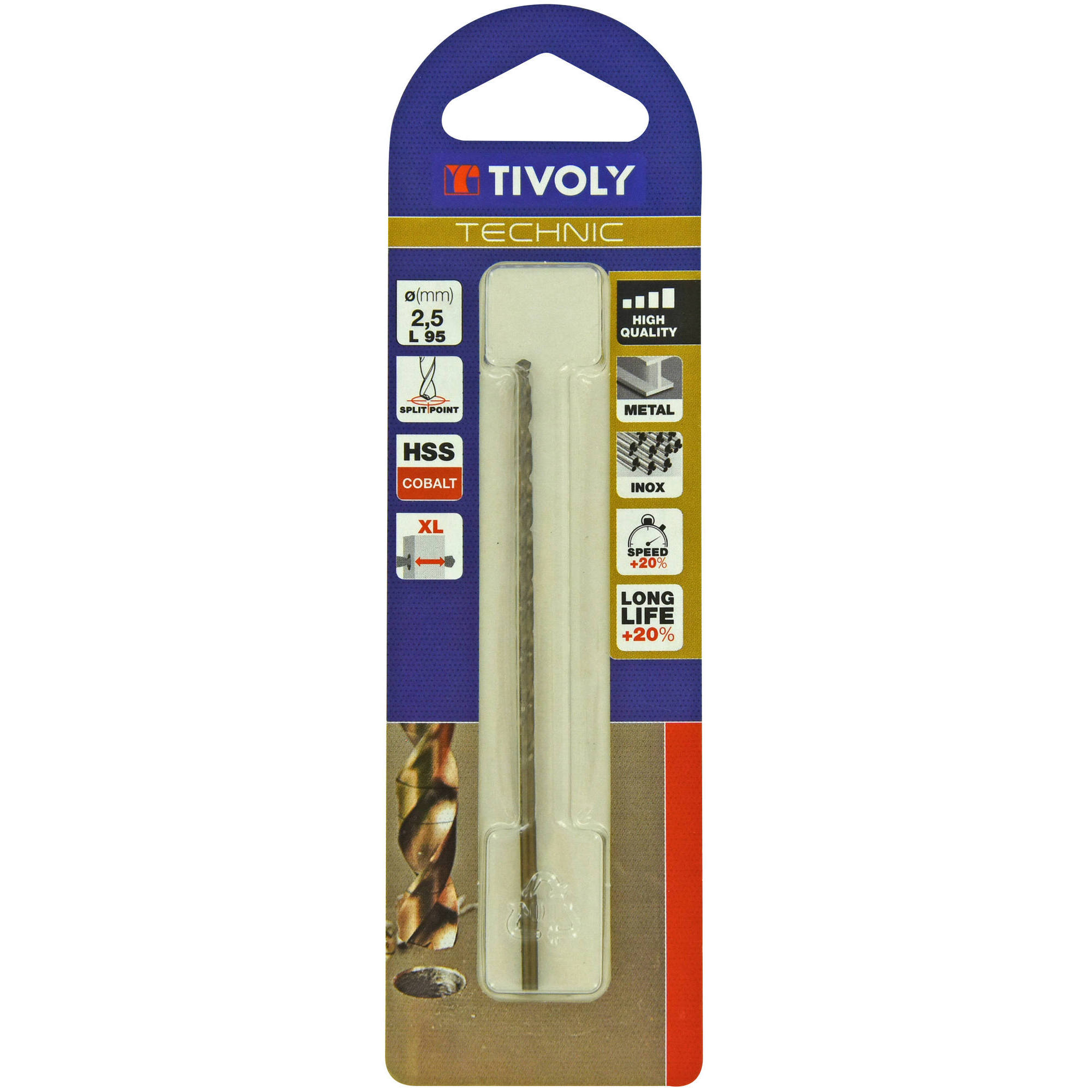 Ø: 2.5 / L: 95 / Broca para metal HSS-E5 (cobalto 5 %) -Serie larga -Afilado SPLIT POINT (Blíster)