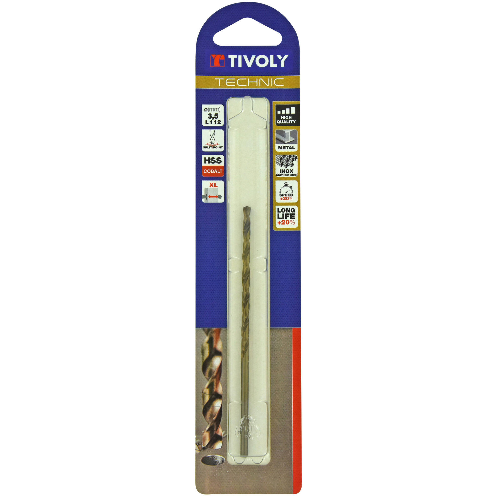 Ø: 3.5 / L: 112 / Broca para metal HSS-E5 (cobalto 5 %) -Serie larga -Afilado SPLIT POINT (Blíster)