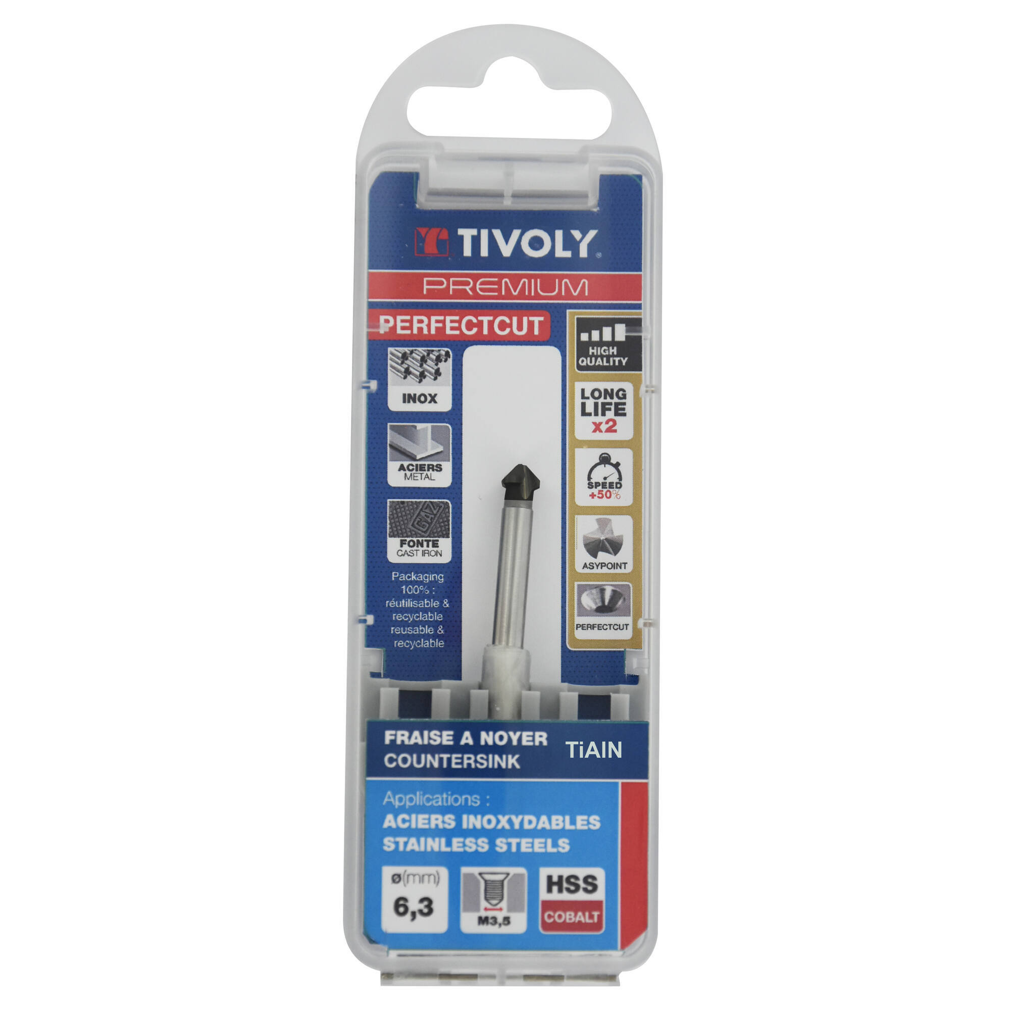 Avellanador HSSE5% cobalto Recubrimiento TiAlN DIN335C a 90º Mango cilíndrico (Caja colgante) / Ø: 6.3 / L: 45