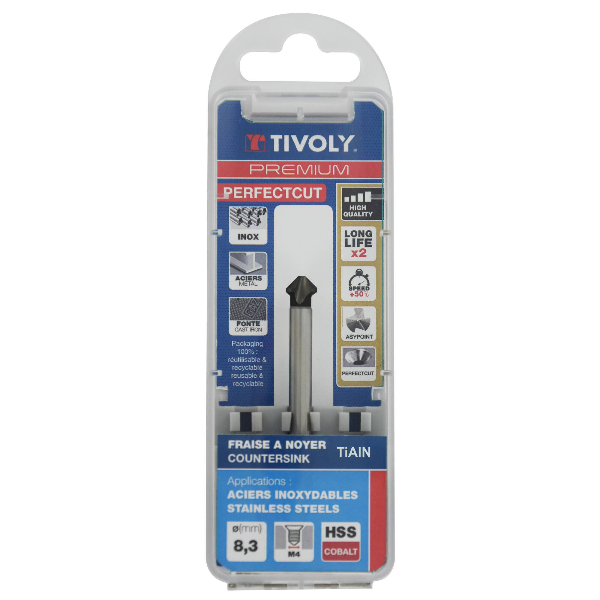 Avellanador HSSE5% cobalto Recubrimiento TiAlN DIN335C a 90º Mango cilíndrico (Caja colgante) / Ø: 8.3 / L: 50