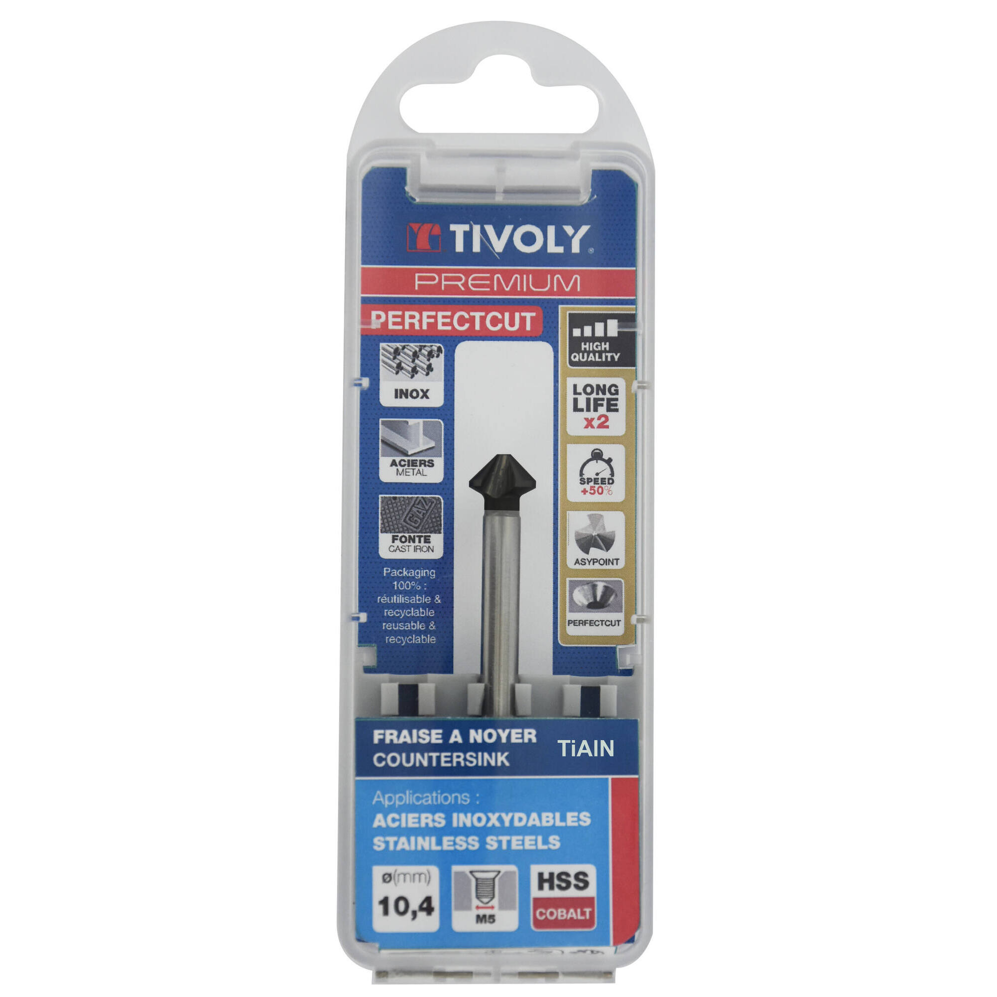 Avellanador HSSE5% cobalto Recubrimiento TiAlN DIN335C a 90º Mango cilíndrico (Caja colgante) / Ø: 10.4 / L: 50