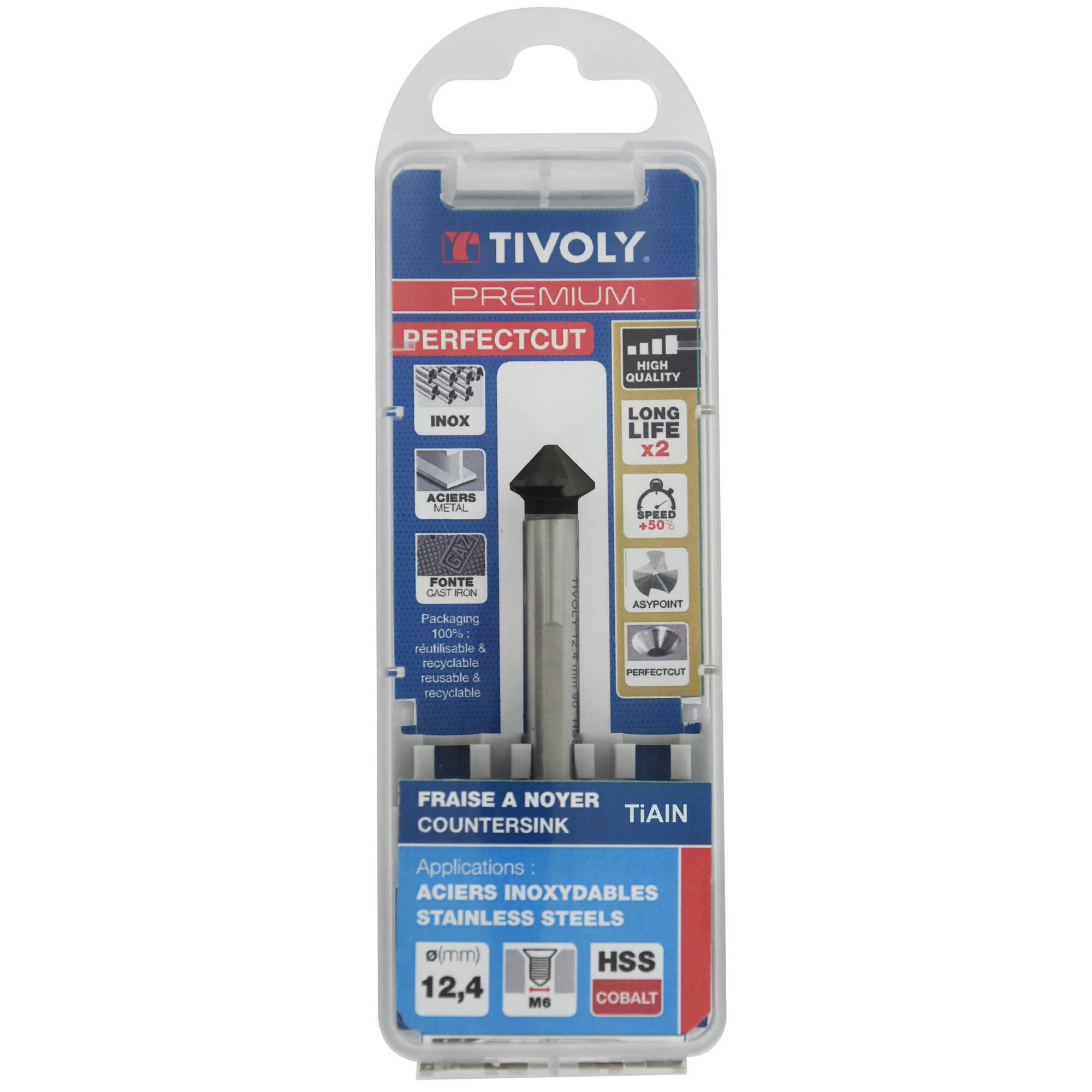 Avellanador HSSE5% cobalto Recubrimiento TiAlN DIN335C a 90º Mango cilíndrico (Caja colgante) / Ø: 12.4 / L: 56