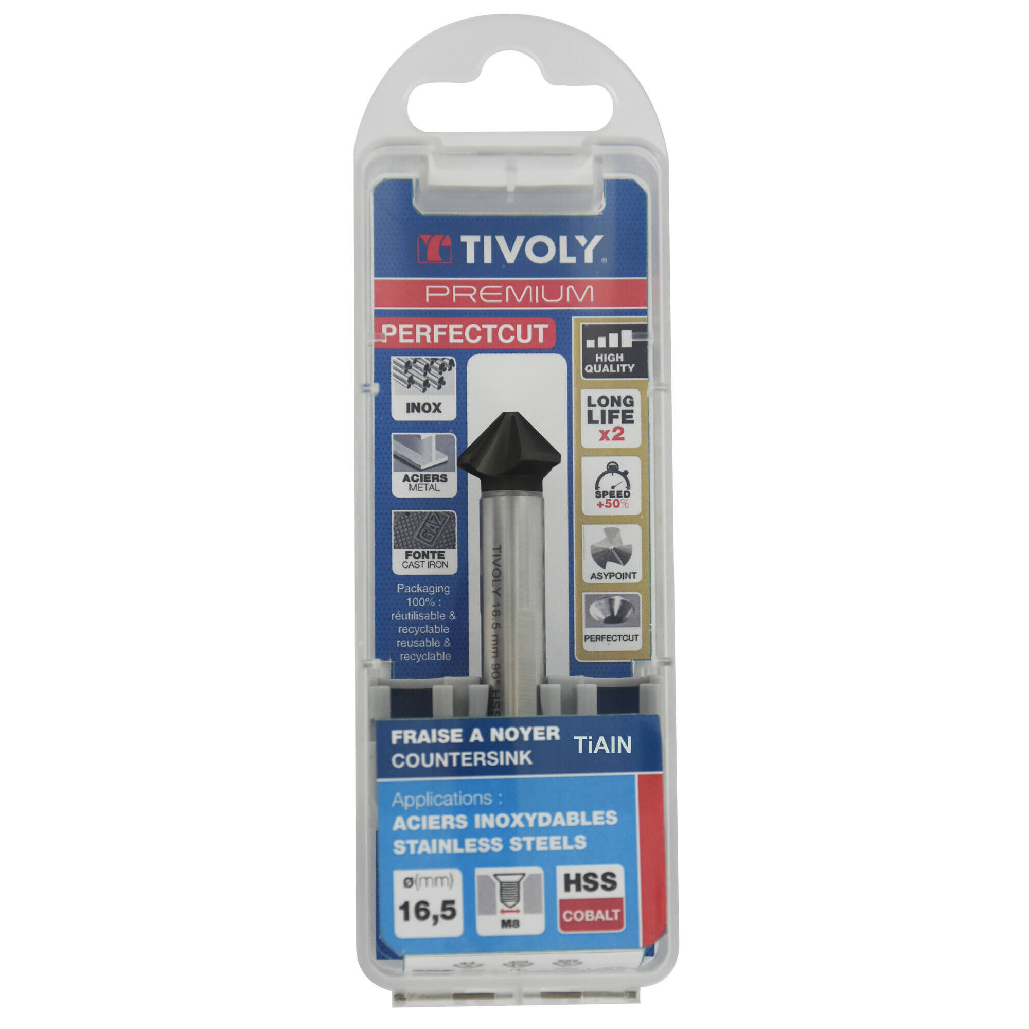 Avellanador HSSE5% cobalto Recubrimiento TiAlN DIN335C a 90º Mango cilíndrico (Caja colgante) / Ø: 16.5 / L: 60