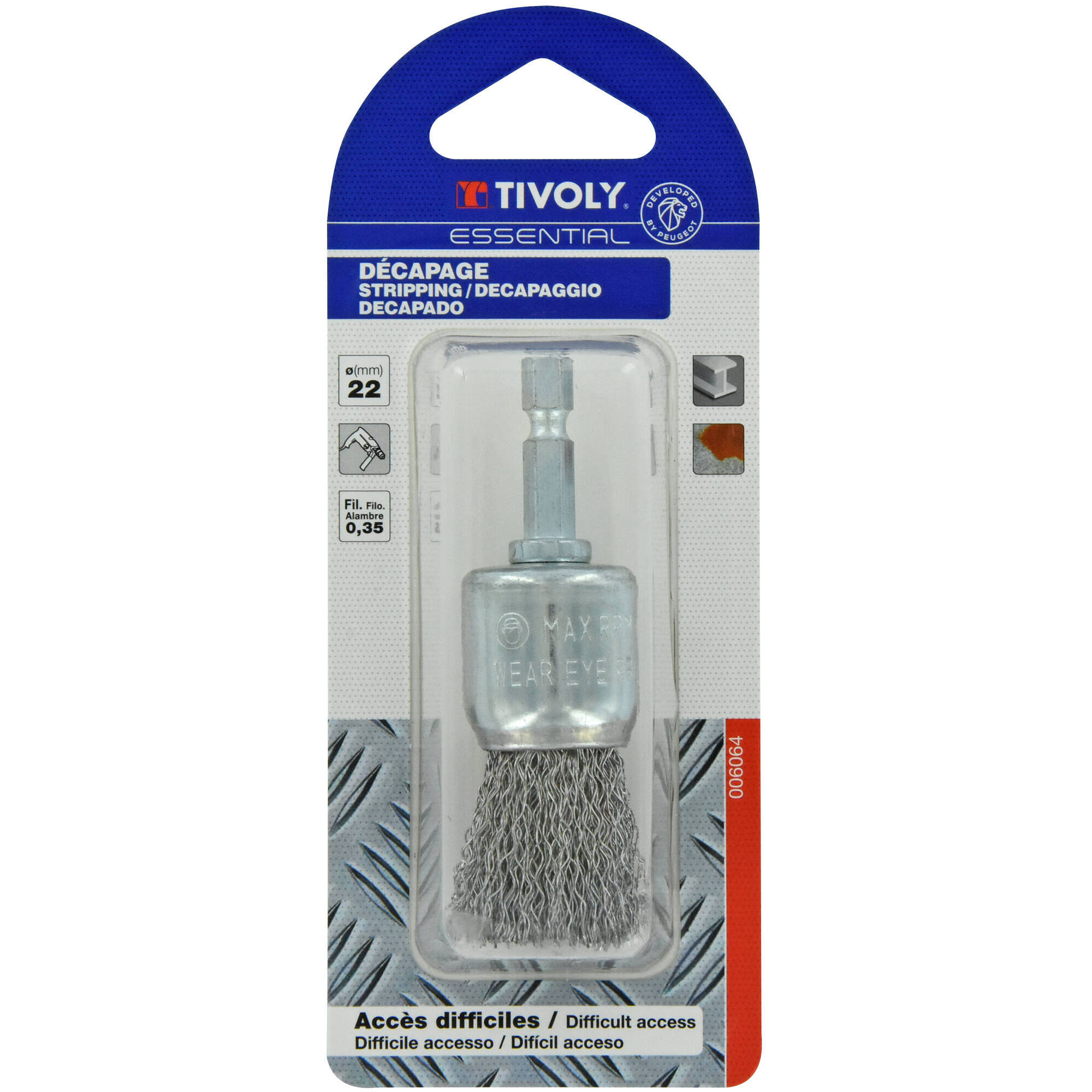 Cepillo PINCEL -Alambre de acero ondulado -Decapado de metal (Blíster) / Ø: 22 / 0.35