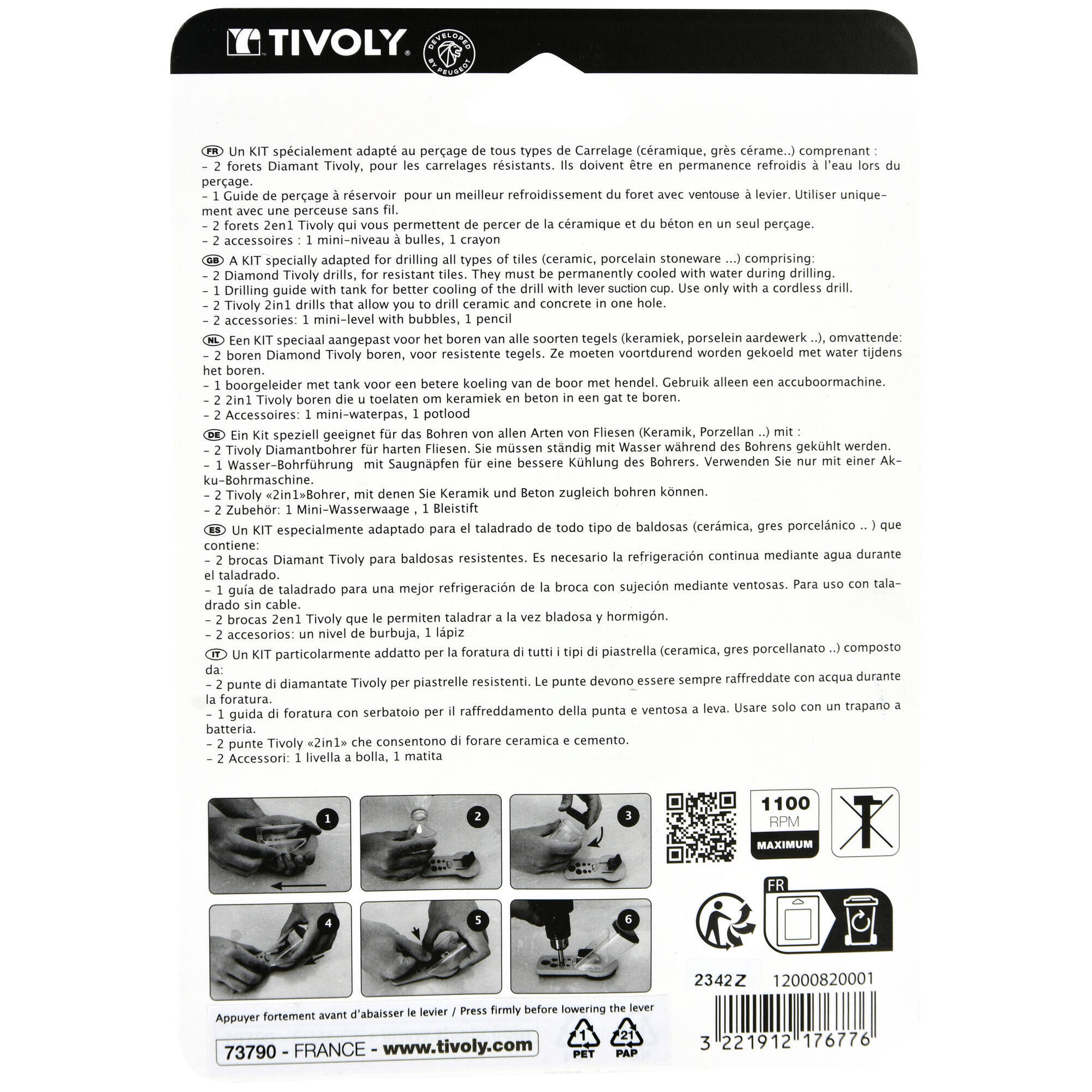 7 piezas - 4 b. Gres/azulejo/hormigón Ø6-8 mm + 1 guía + 2 accesorios