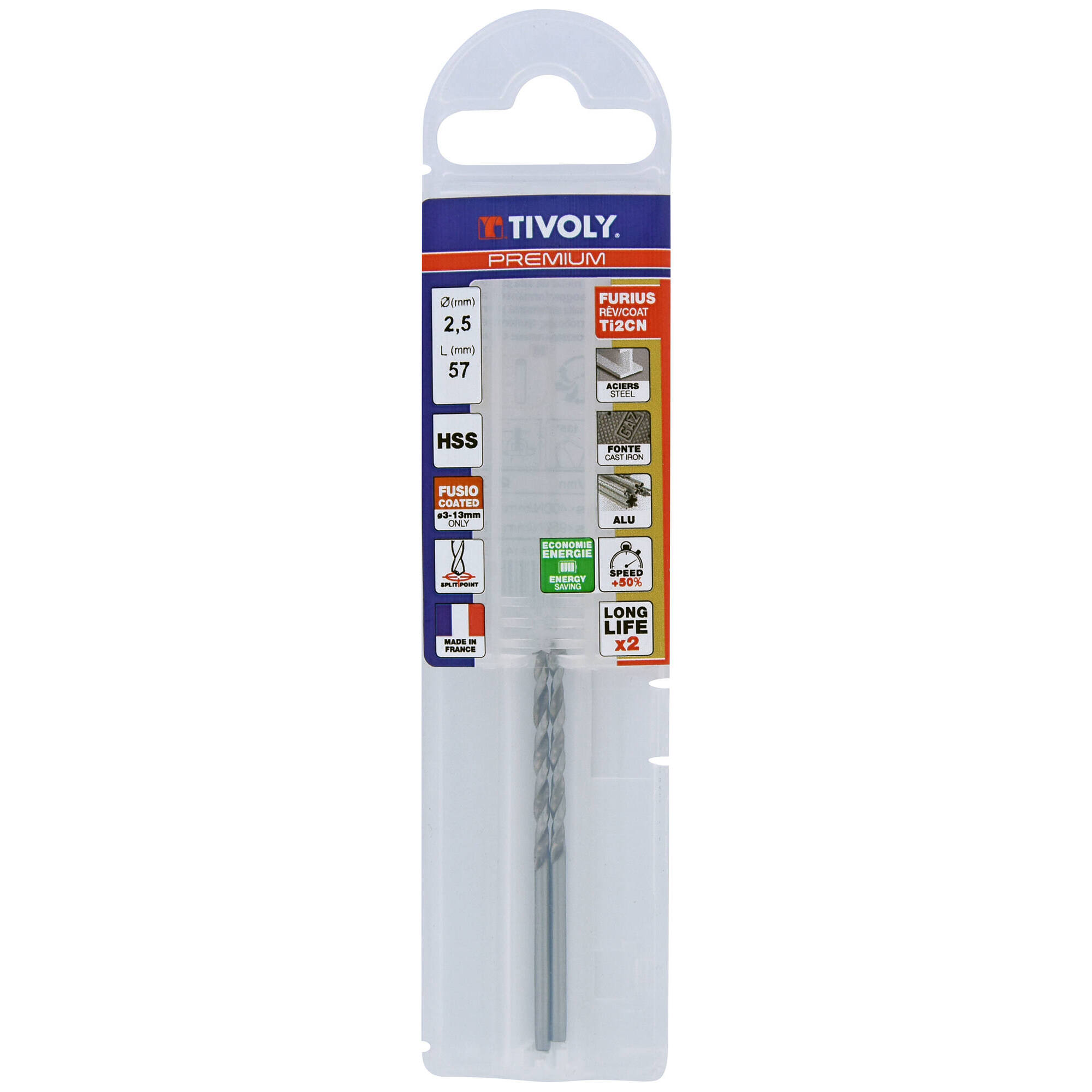 Ø: 2.5 / FURIUS | Broca HSS rectificada cilíndrica | Corta | Punta en cruz PREMIUM (Funda plástico) / L: 57