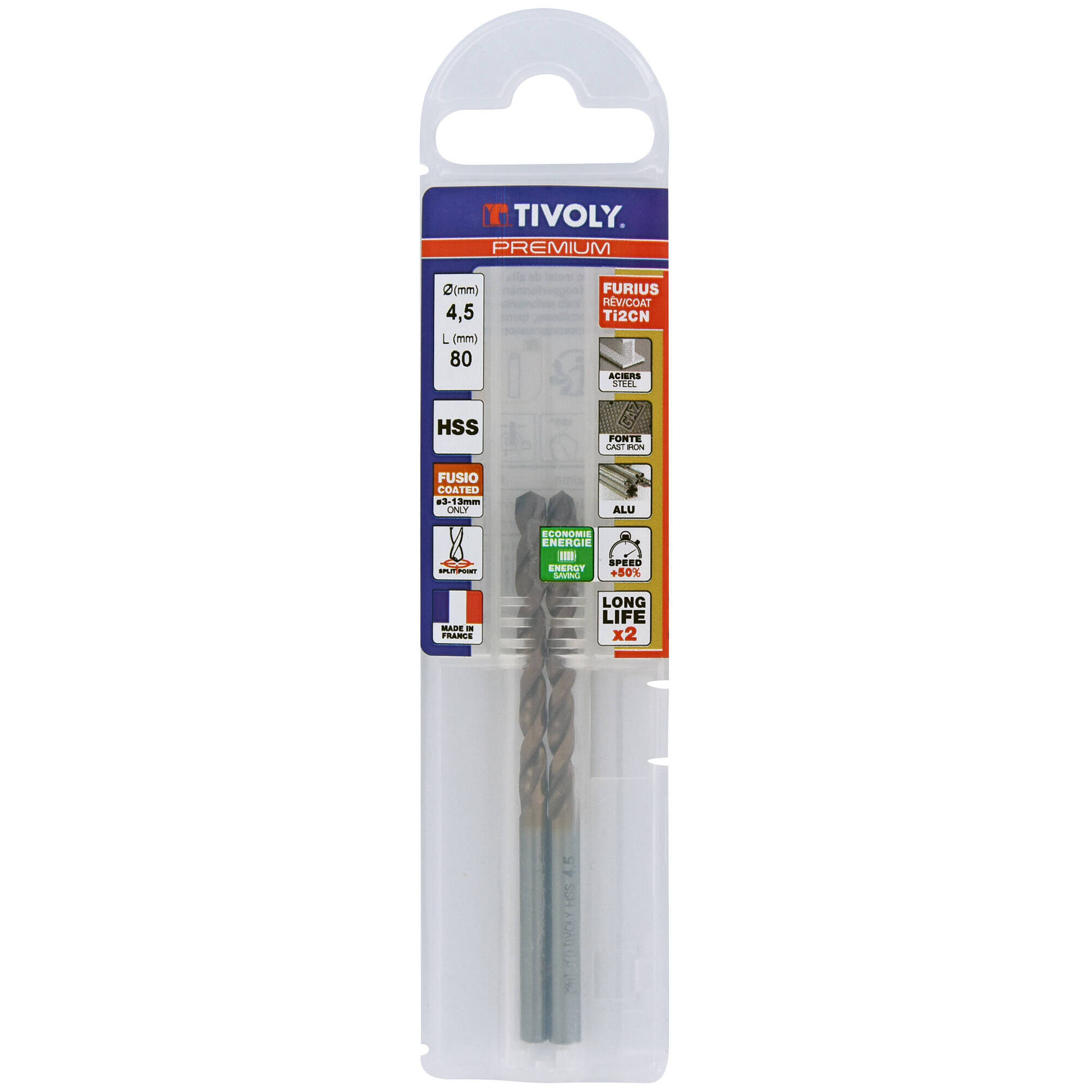 Ø: 4.5 / L: 80 / Broca para metal HSS FURIUS -Recubrimiento FUSIO -Afilado SPLIT POINT (Funda plástico)