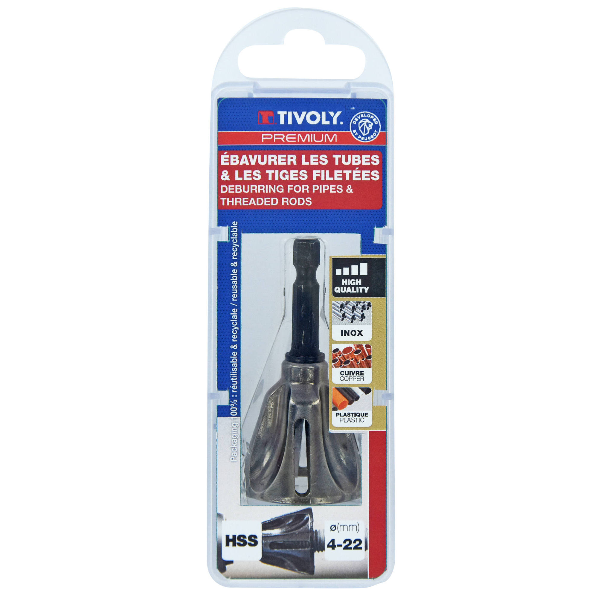 Fresa HSS de 4 hojas para desbarbar tubos y varillas roscadas. Vástago hexagonal de 6,35 mm de cambio rápido - Ø 4 a 20 mm