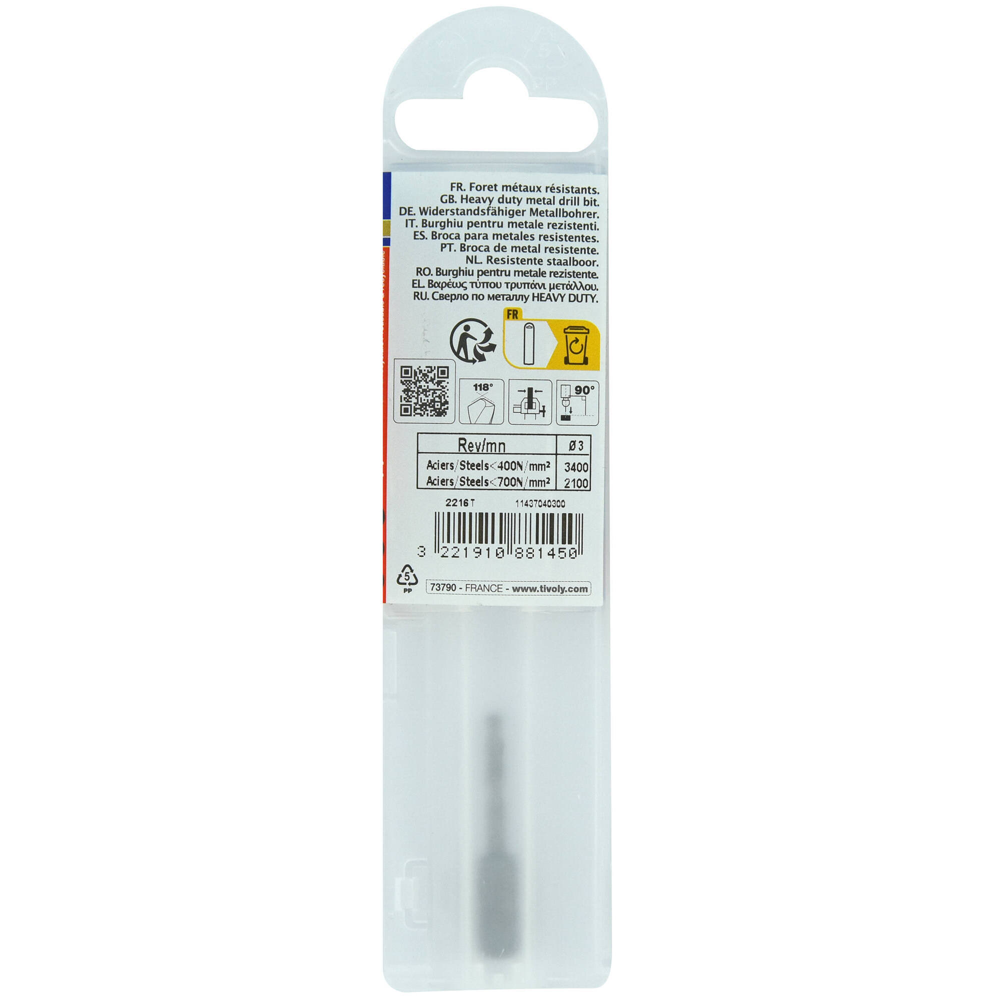 Ø: 3 / L: 38 / Broca para metal HSS monobloque | Punta en cruz | Mango hexagonal 6,35 mm (Funda plástico)