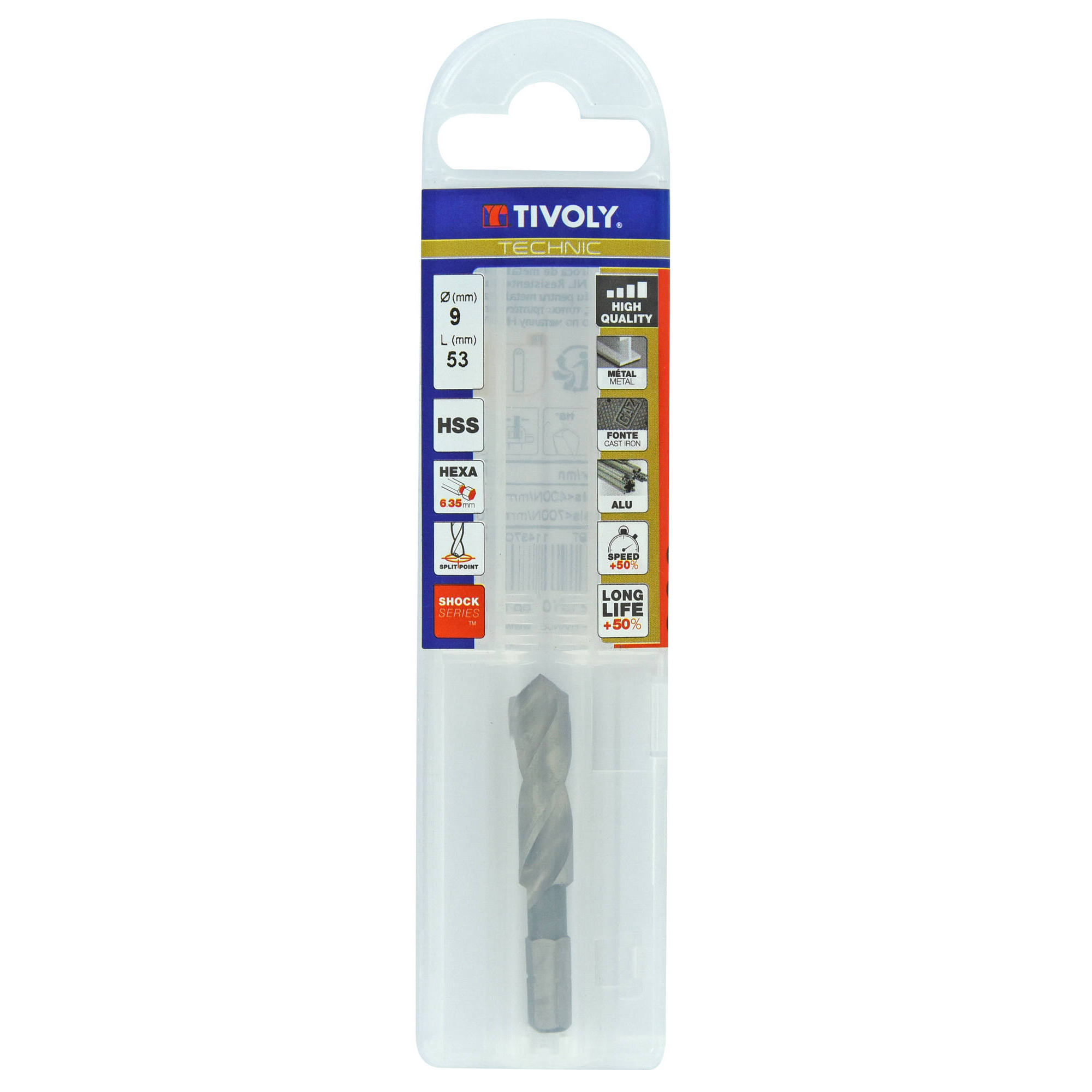 Ø: 9 / L: 53 / Broca para metal HSS monobloque | Punta en cruz | Mango hexagonal 6,35 mm (Funda plástico)