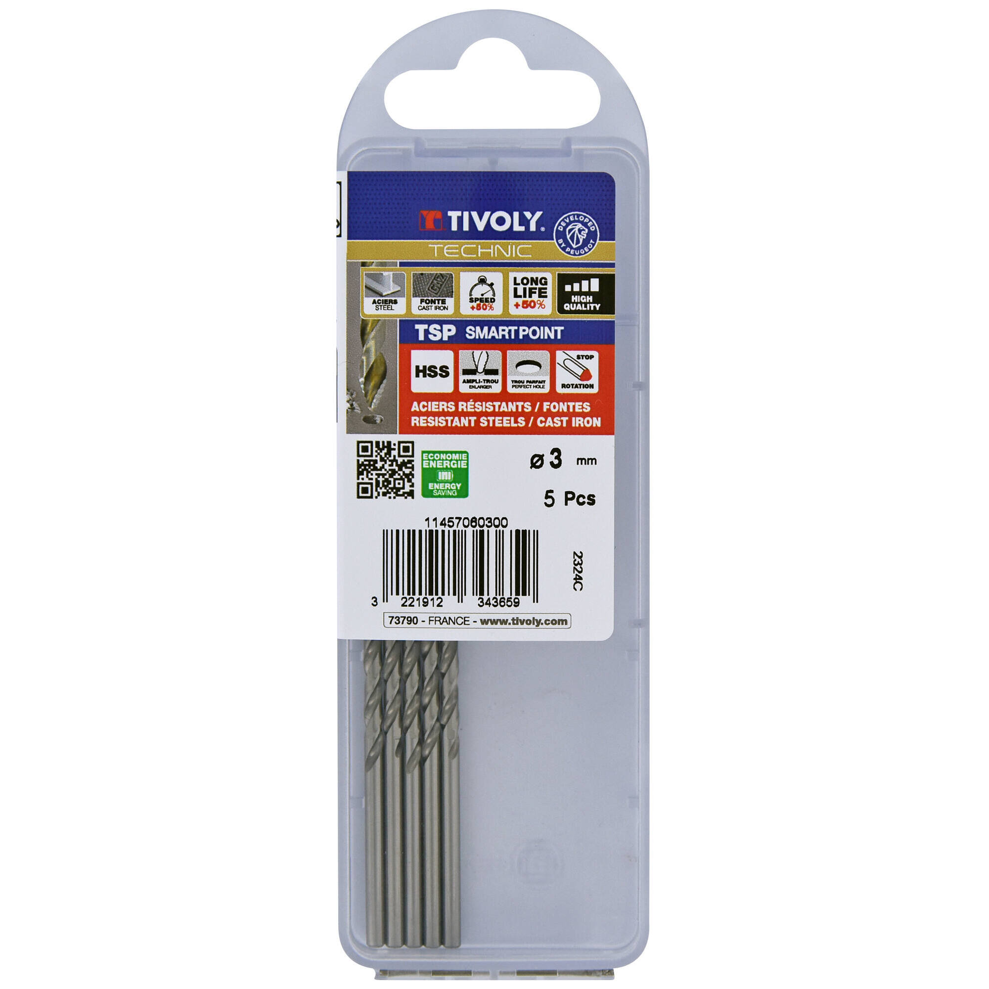 Ø: 3 / L: 61 / Broca para metal HSS PUNTA ESCALONADA | DIN338 | h8 | Afilado Tivoly Smart Point (Caja colgante)