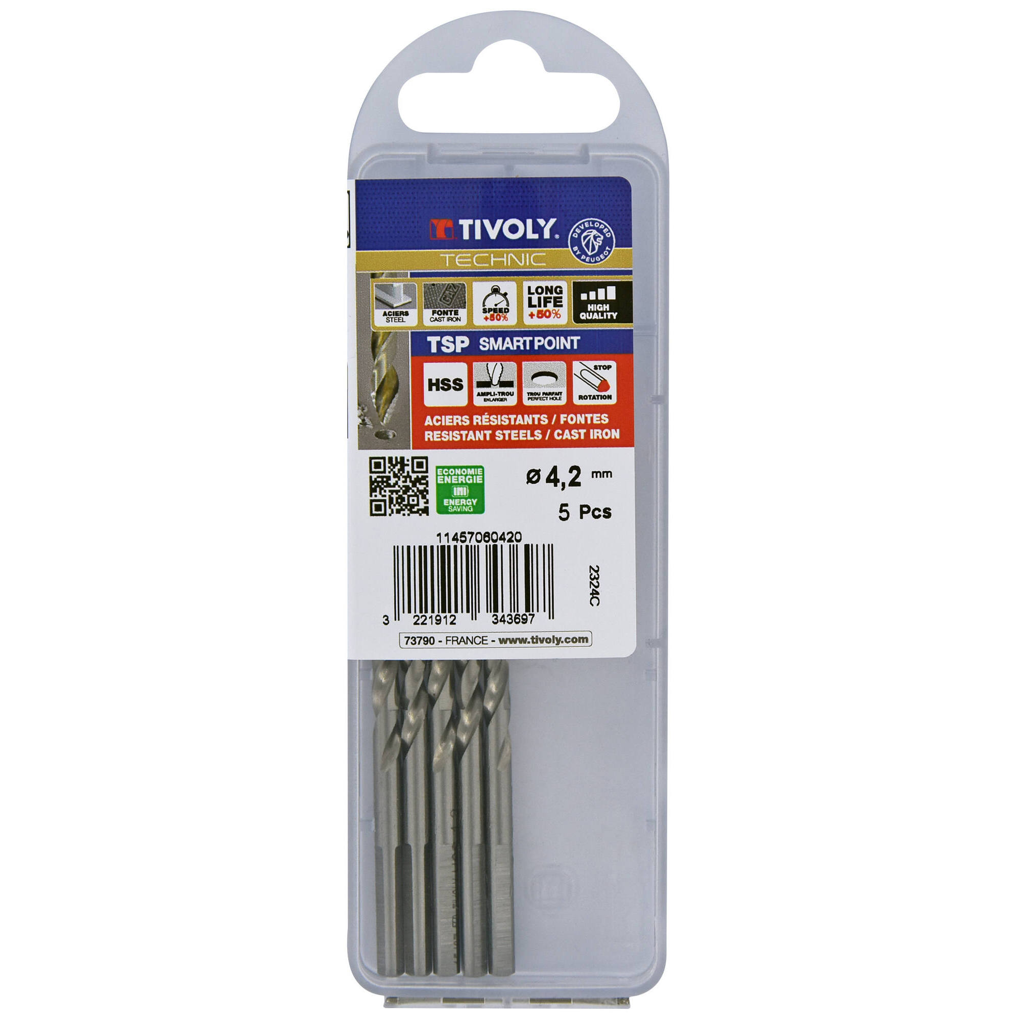 Ø: 4.2 / L: 75 / Broca para metal HSS PUNTA ESCALONADA | DIN338 | h8 | Afilado Tivoly Smart Point (Caja colgante)