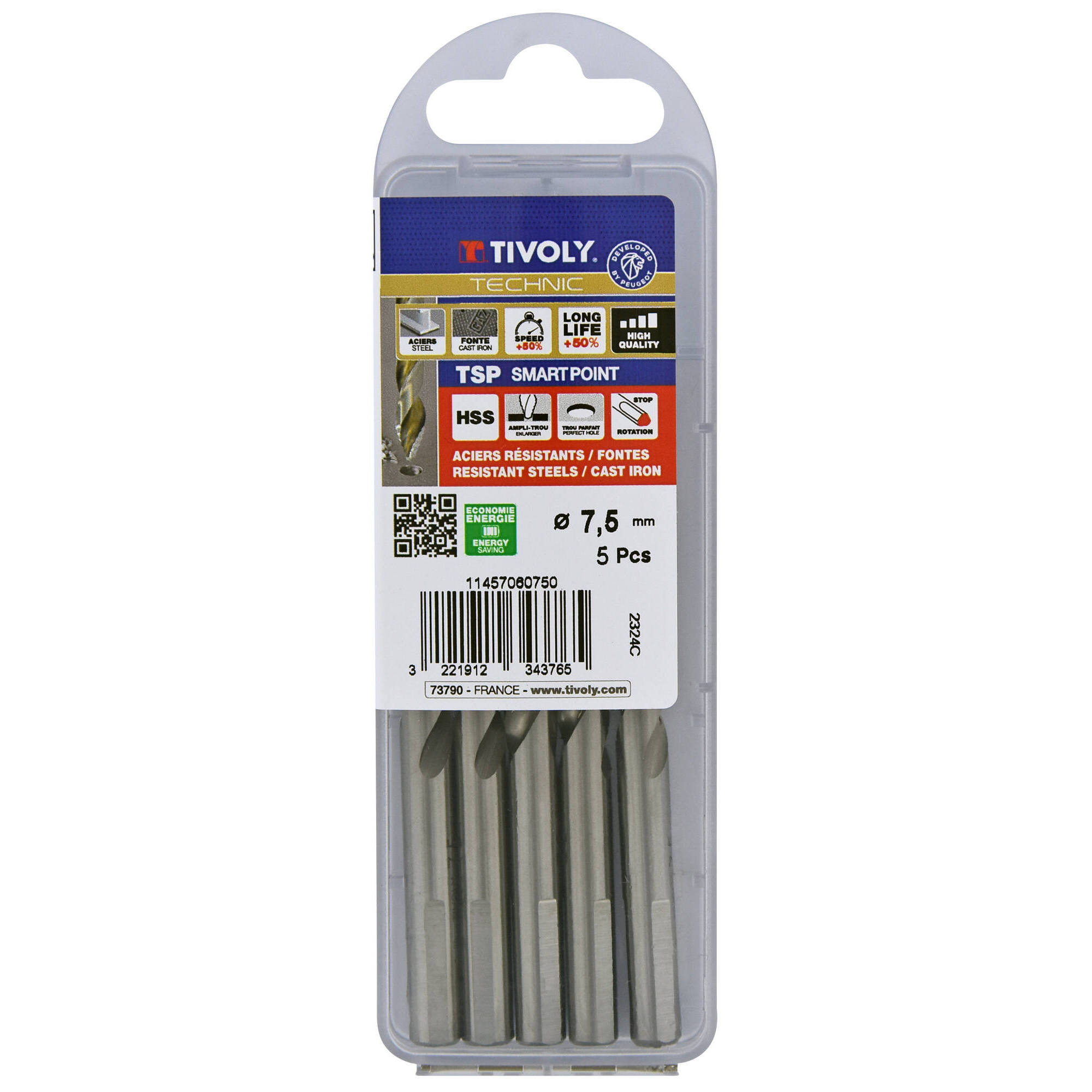 Ø: 7.5 / L: 109 / Broca para metal HSS PUNTA ESCALONADA | DIN338 | h8 | Afilado Tivoly Smart Point (Caja colgante)